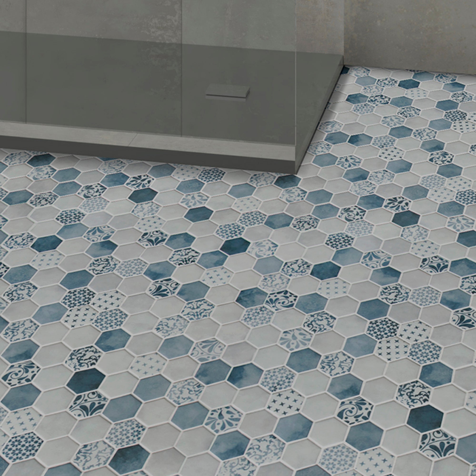 Cement Blue Hexagon Recycled Glass Floor and Wall Mosaic Tile