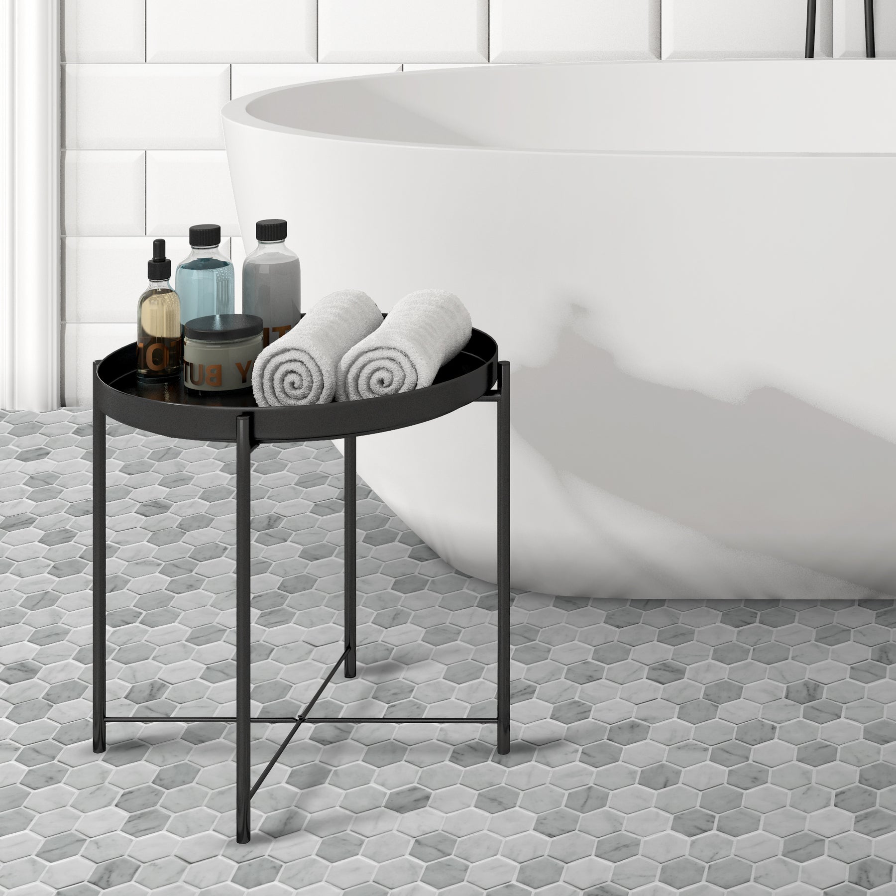 White Carrara 11.7" x 10.2" Hexagon Recycled Glass Floor And Wall Mosaic Tile
