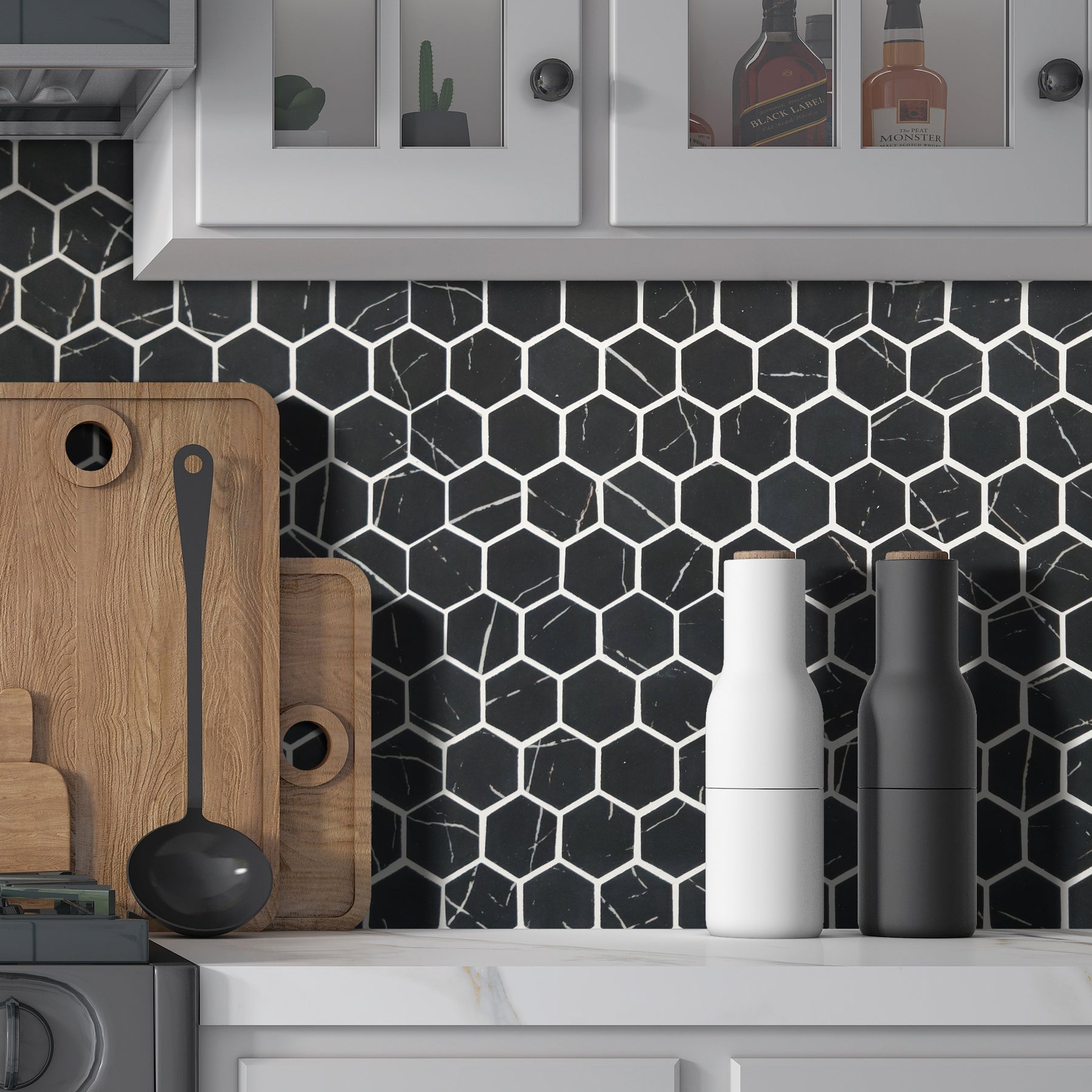 Black Marquina 11.7" x 10.2" Hexagon Recycled Glass Floor And Wall Mosaic Tile