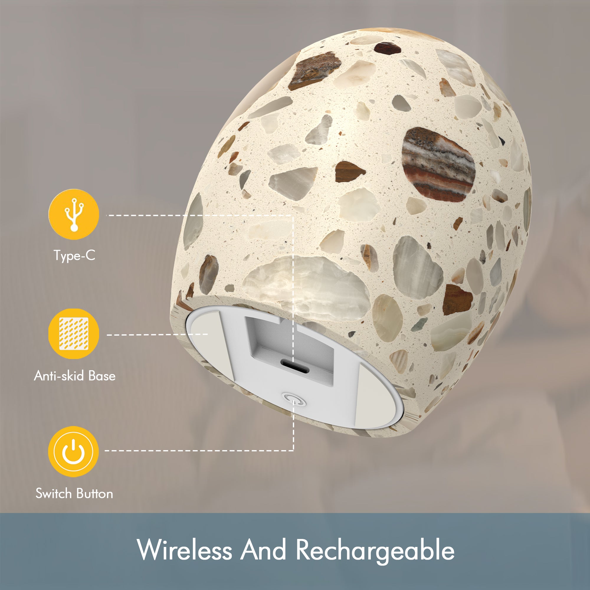 ARTIMARMI Terrazzo Egg Night Light for Kids, Rechargeable Portable LED Touch Control Baby Nursery Amber Marble Looks Nightlight, 3 Color Temperatures Dimmable Table Lamps for Bedroom
