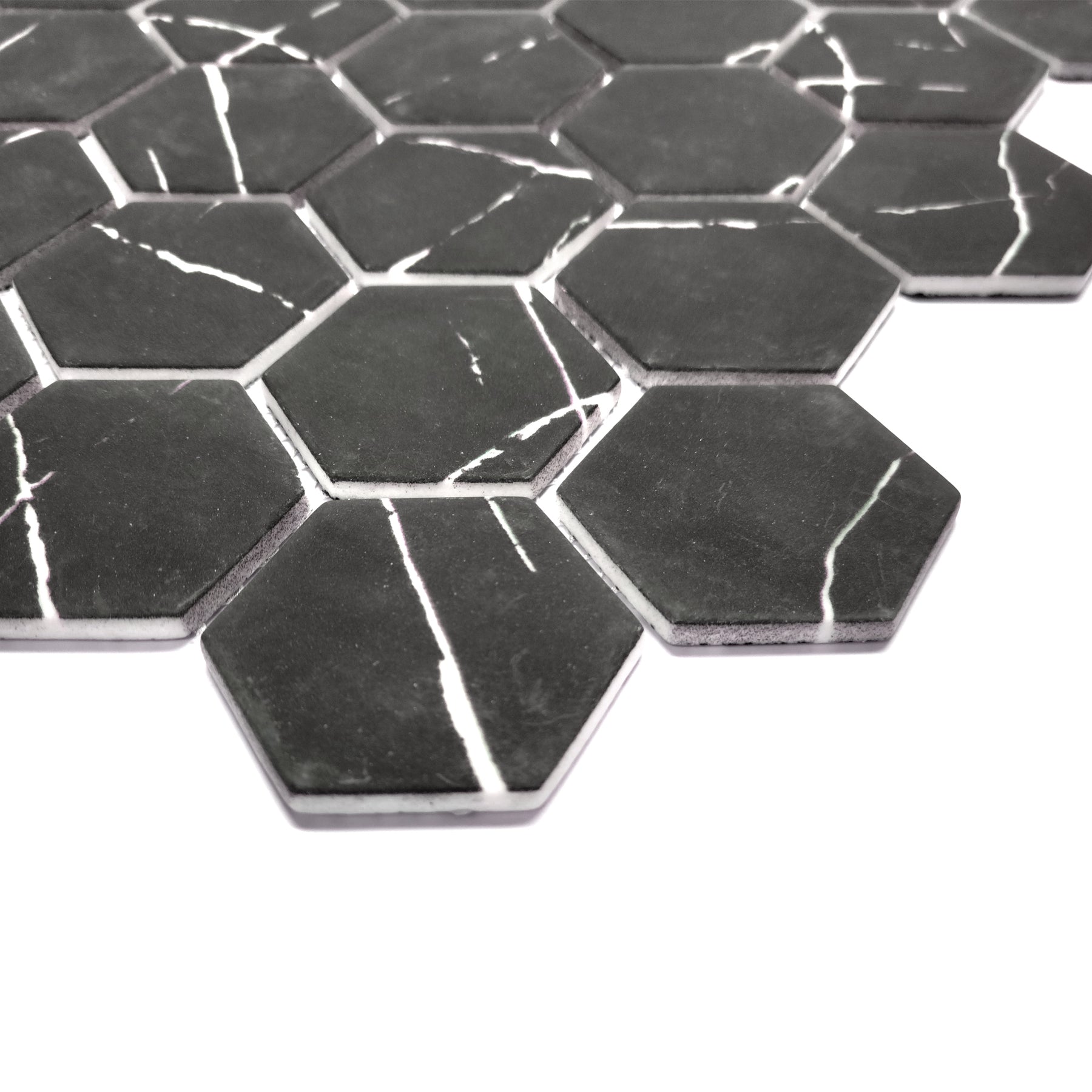 Black Marquina 11.7" x 10.2" Hexagon Recycled Glass Floor And Wall Mosaic Tile