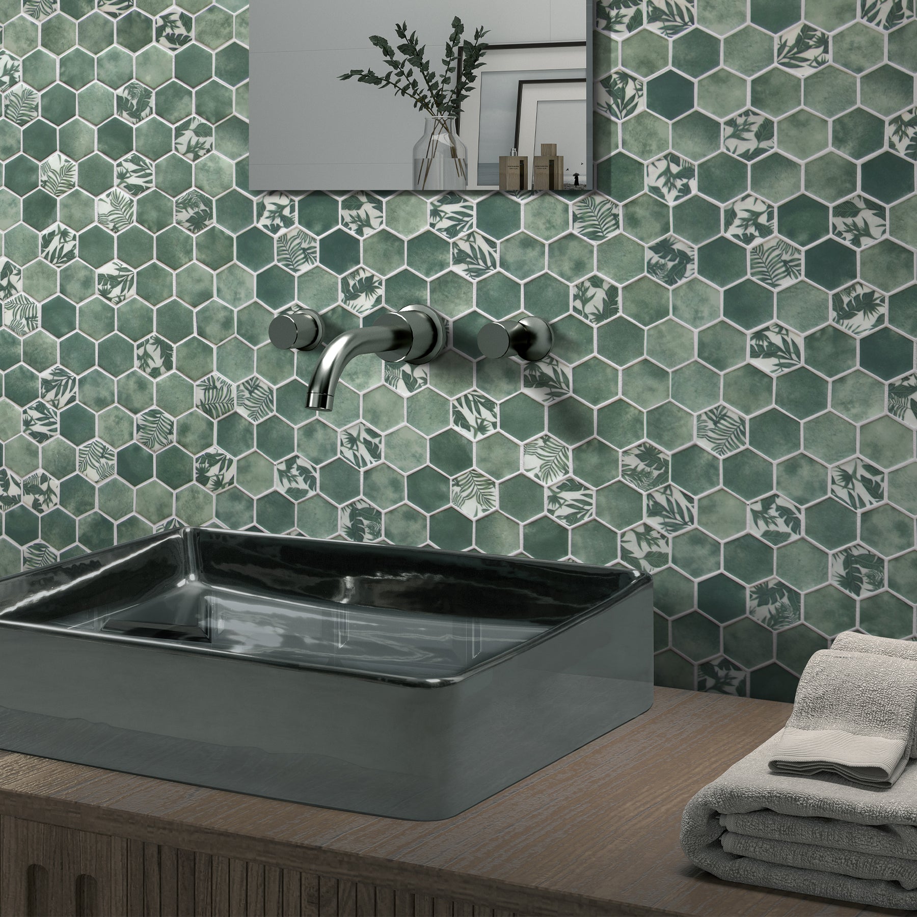 Cement Green 11.7" x 10.2" Hexagon Recycled Glass Floor And Wall Mosaic Tile