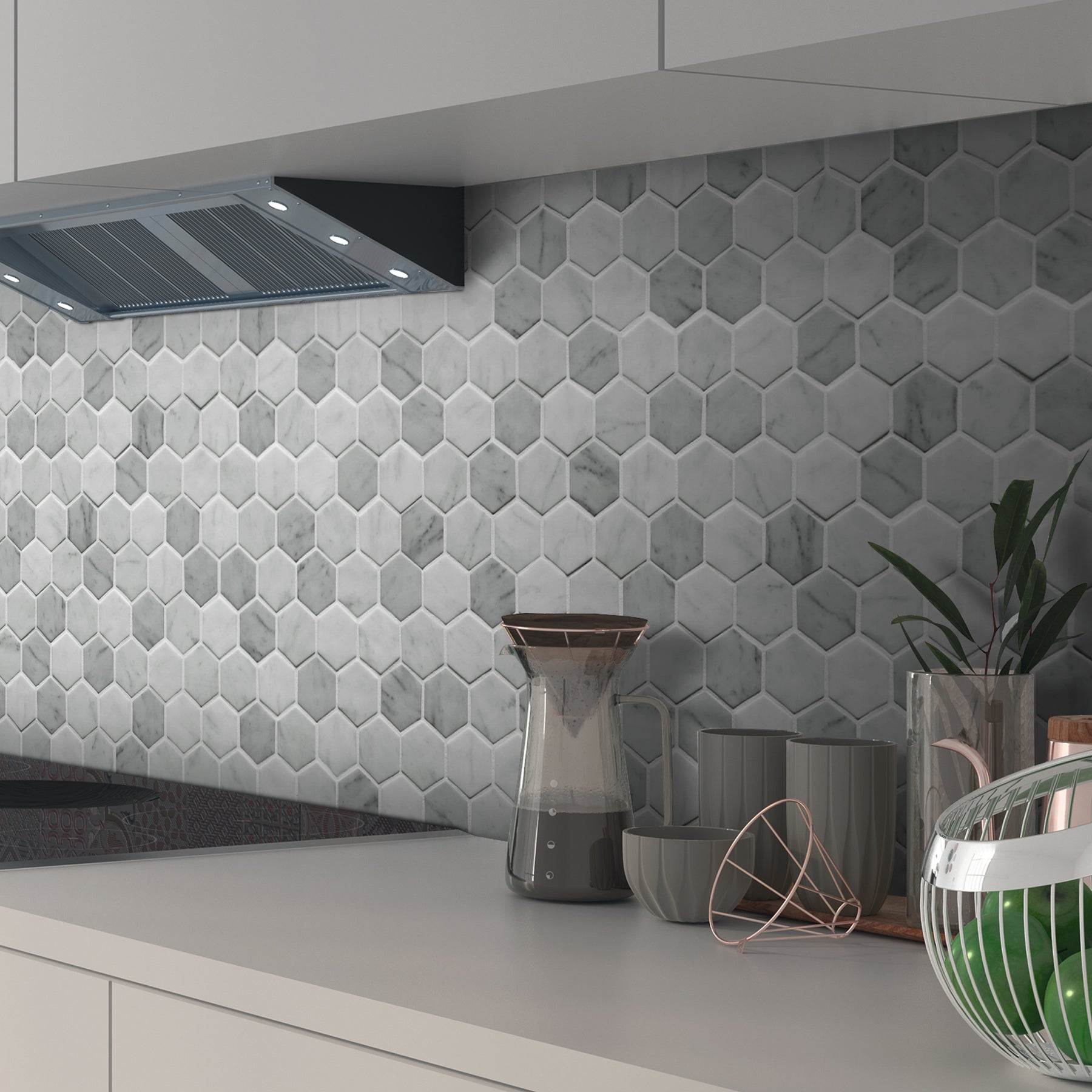 White Carrara 11.7" x 10.2" Hexagon Recycled Glass Floor And Wall Mosaic Tile