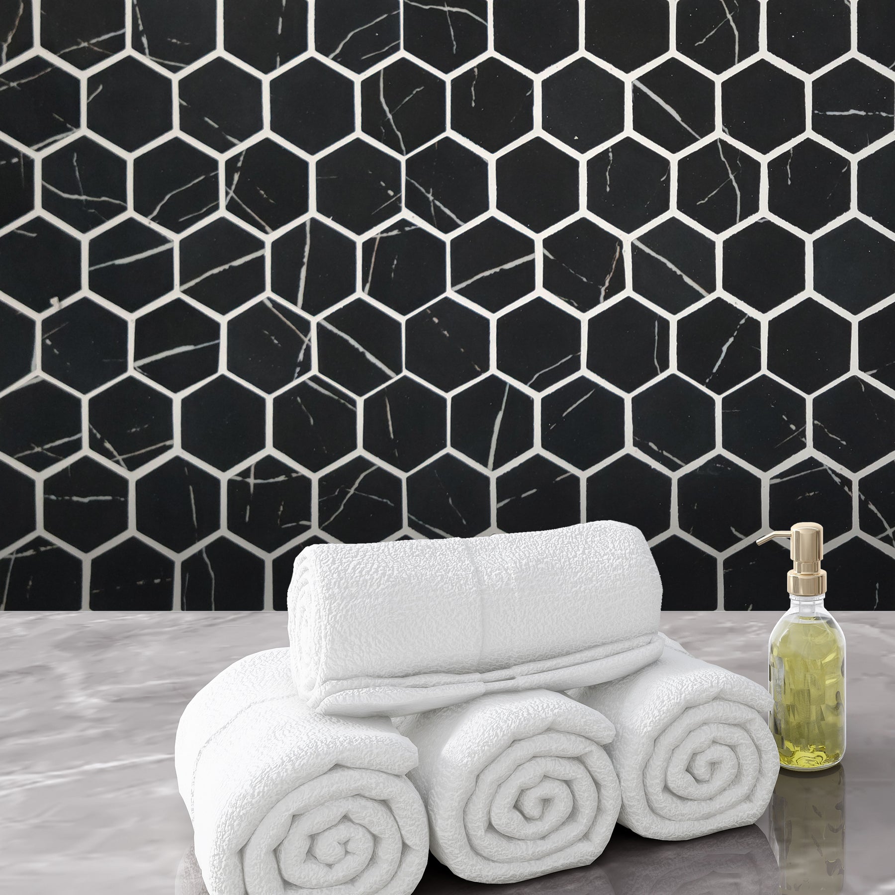 Black Marquina 11.7" x 10.2" Hexagon Recycled Glass Floor And Wall Mosaic Tile