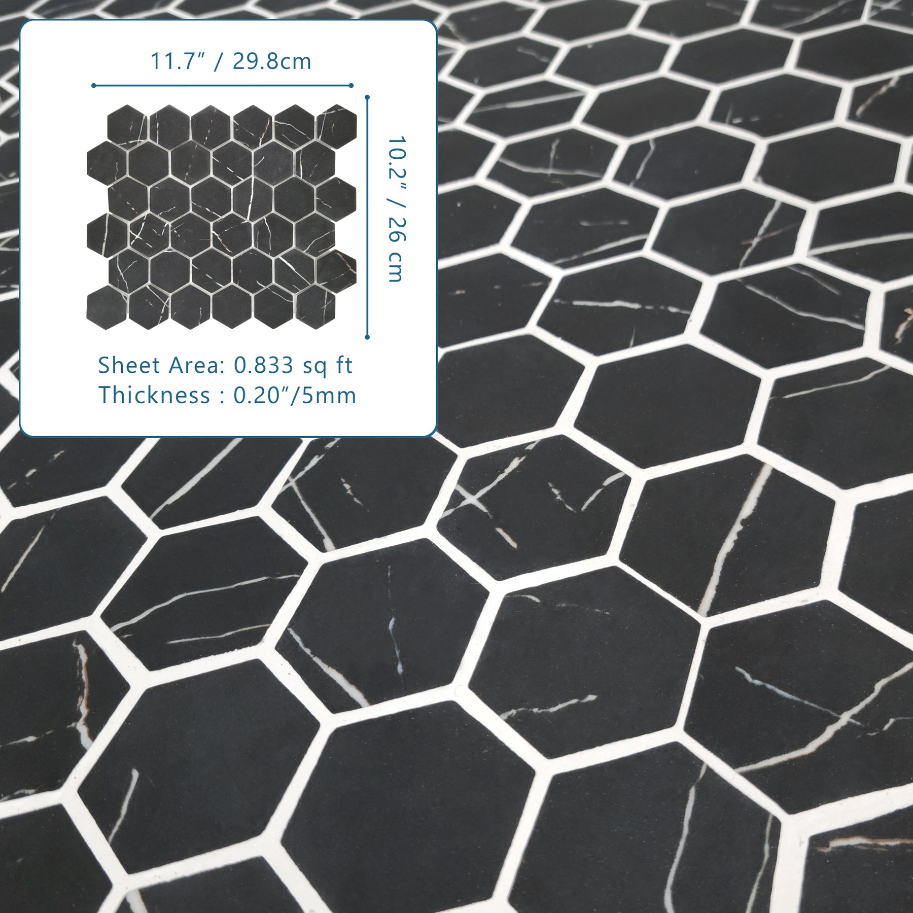 Black Marquina 11.7" x 10.2" Hexagon Recycled Glass Floor And Wall Mosaic Tile