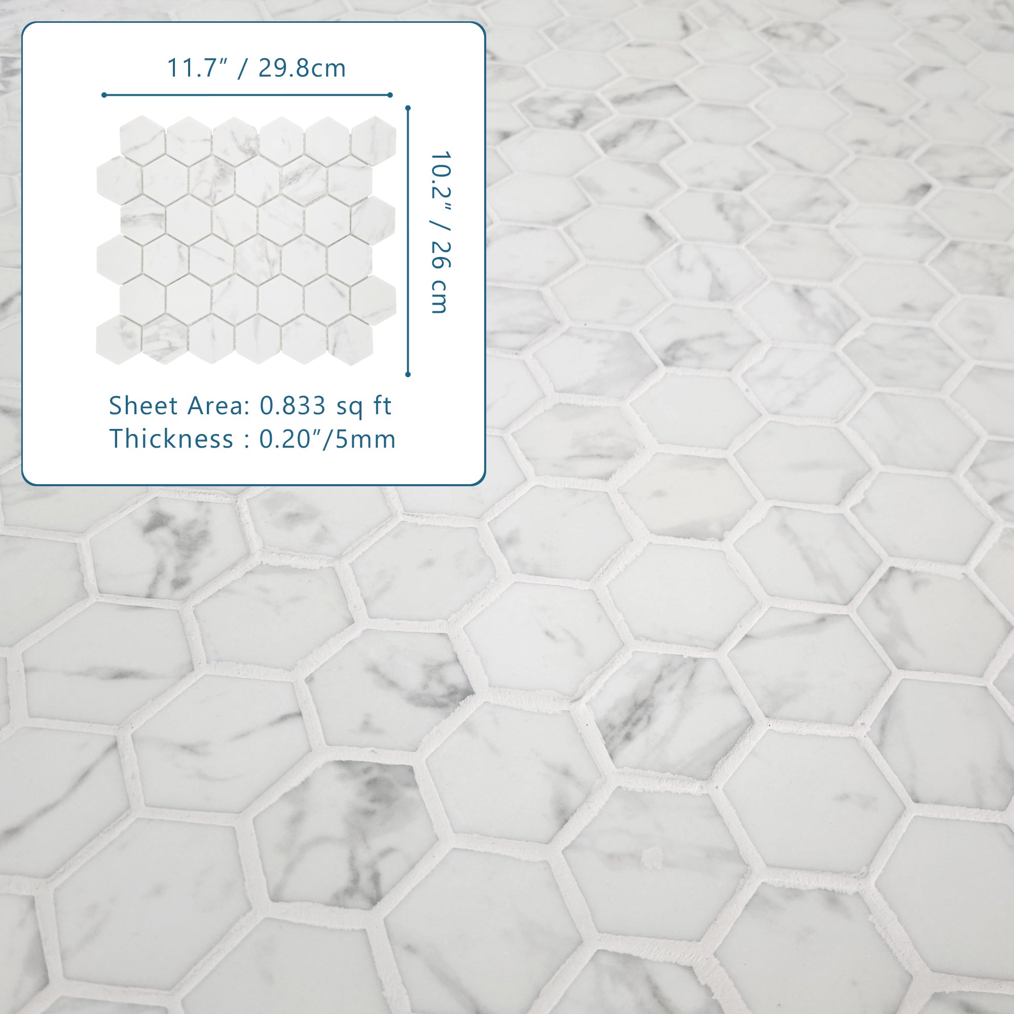 White Calacatta Hexagon Recycled Glass Floor and Wall Mosaic Tile