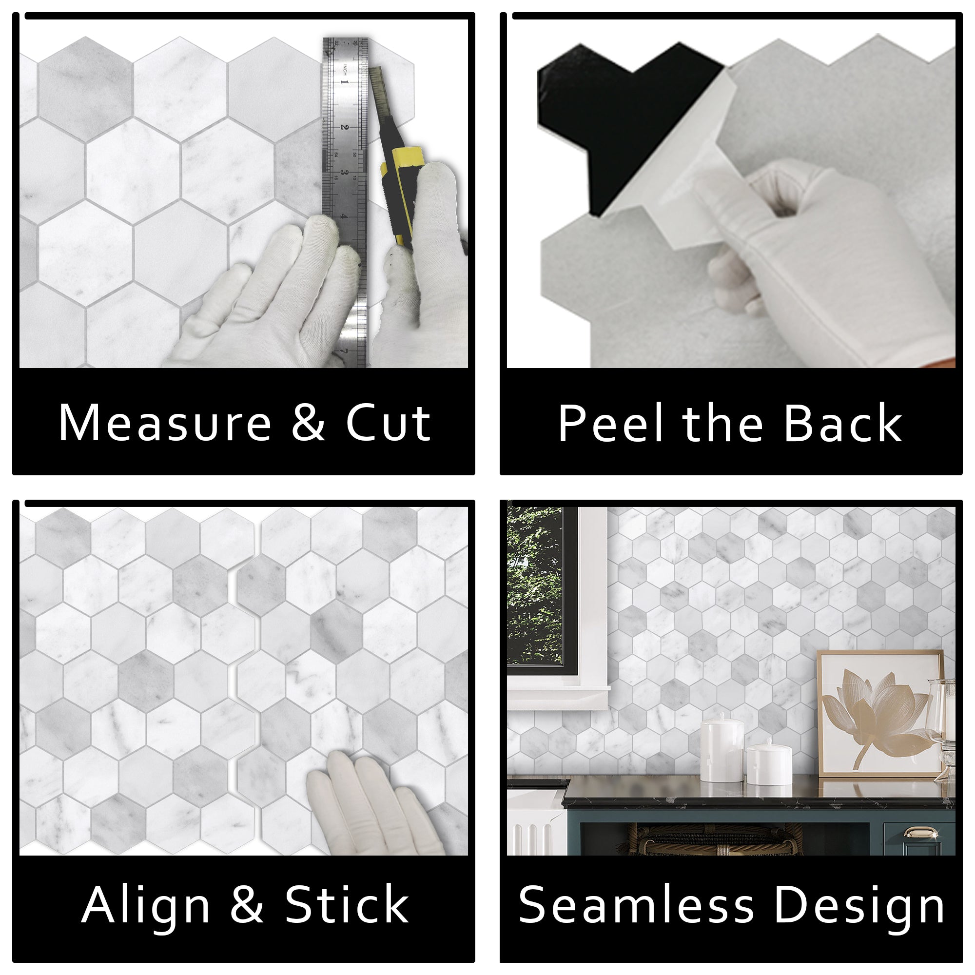 2" Hexagon Carrara White Peel and Stick Backsplash Tile