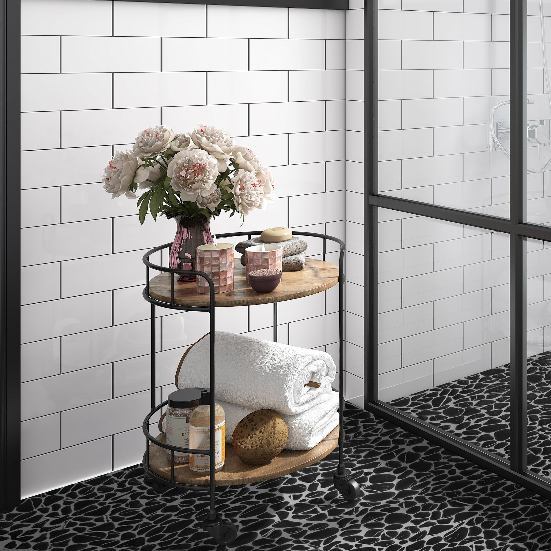 Pebble Black Marquina 10.6"x10.6" Recycled Glass Floor And Wall Mosaic Tile
