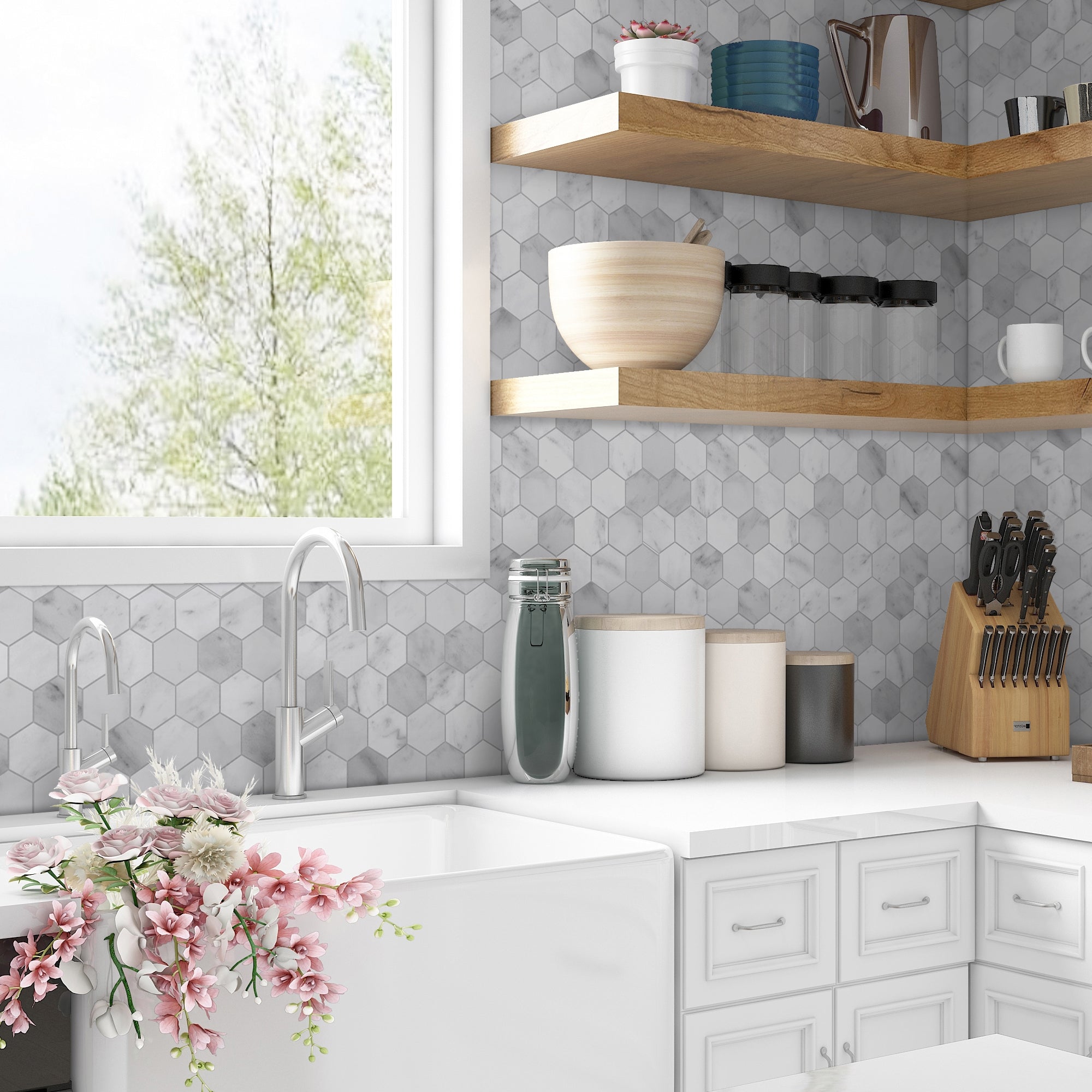 2" Hexagon Carrara White Peel and Stick Backsplash Tile