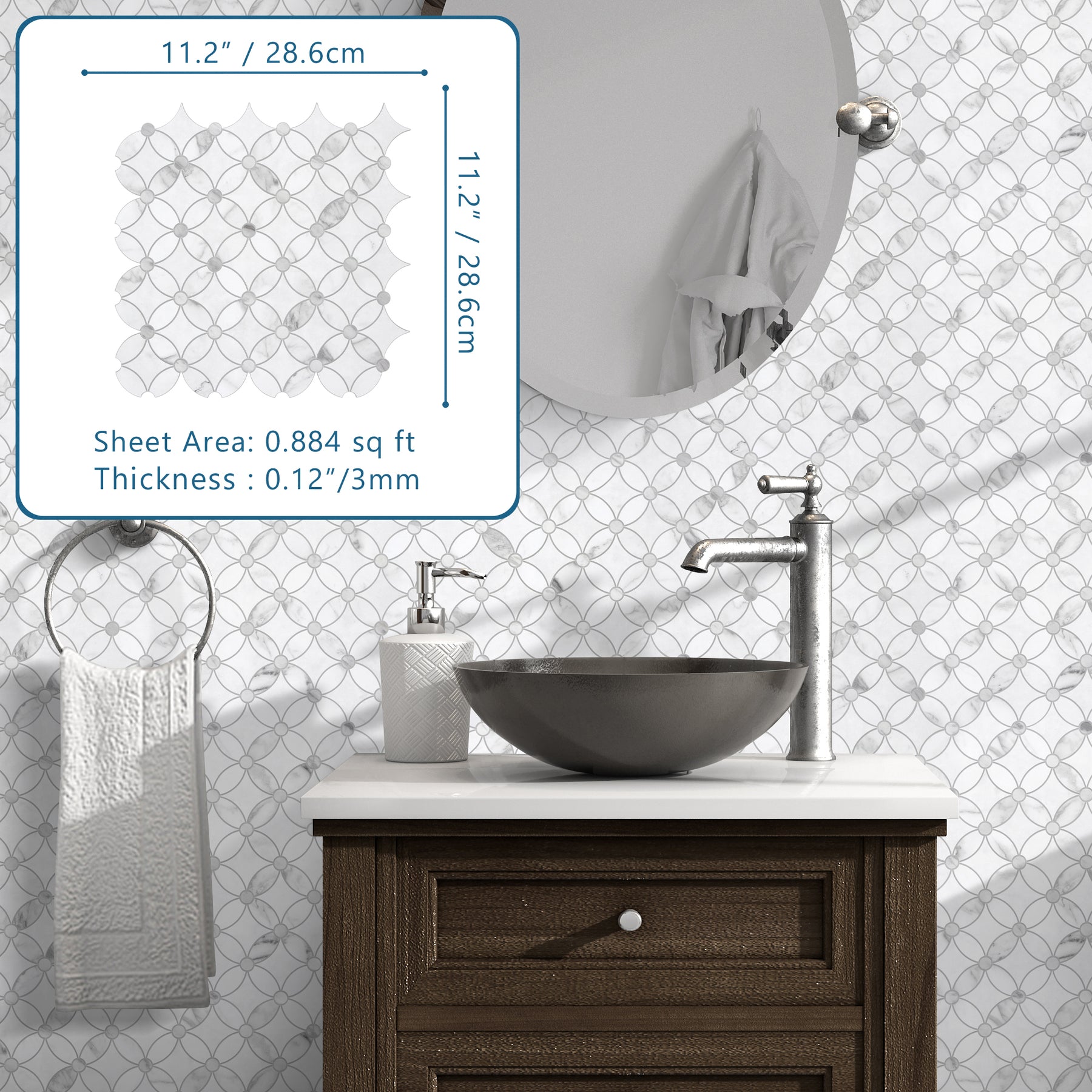 Carrara White Coin Waterjet Peel and Stick Backsplash Tile