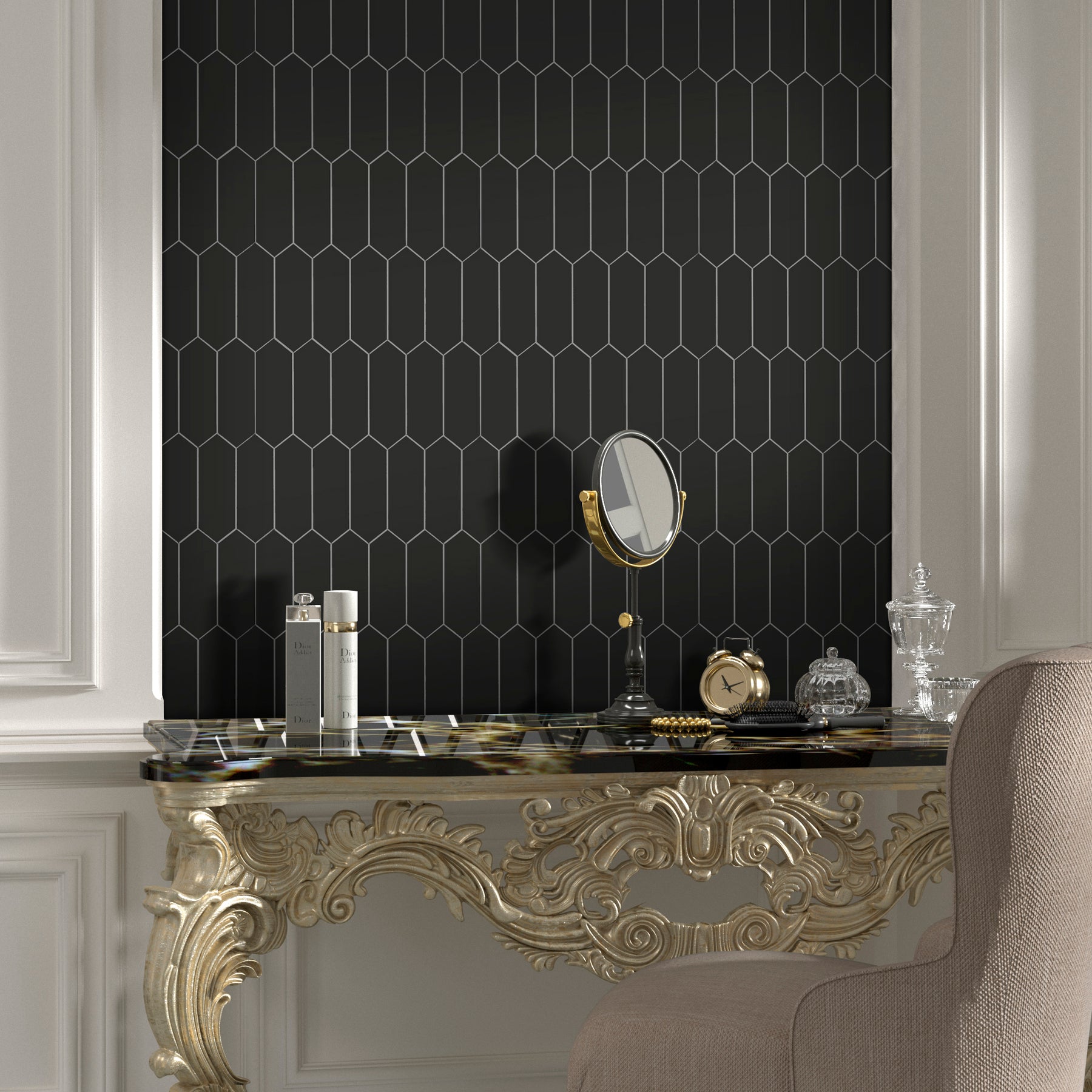 Picket Long Hexagon Black Peel and Stick Tile