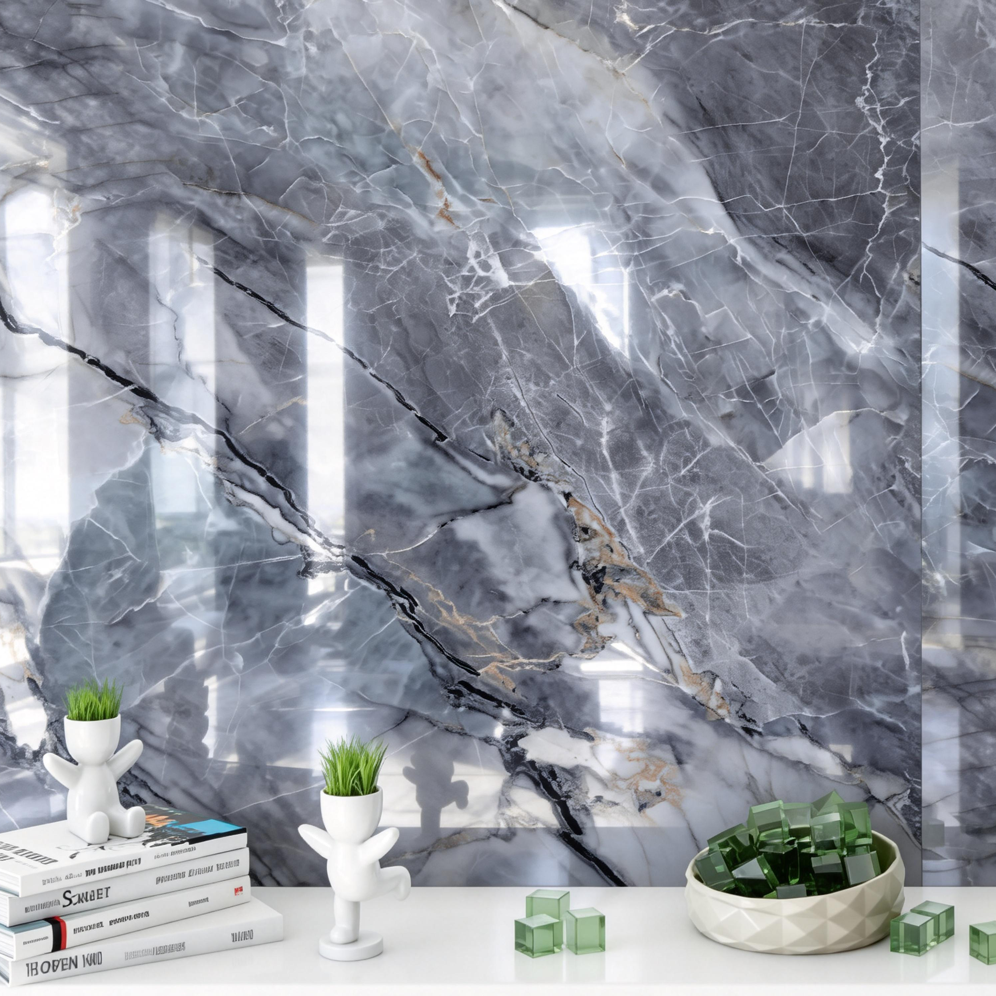 118" x 47" Pietra Grey Glossy Peel and Stick Wall Paneling Roll