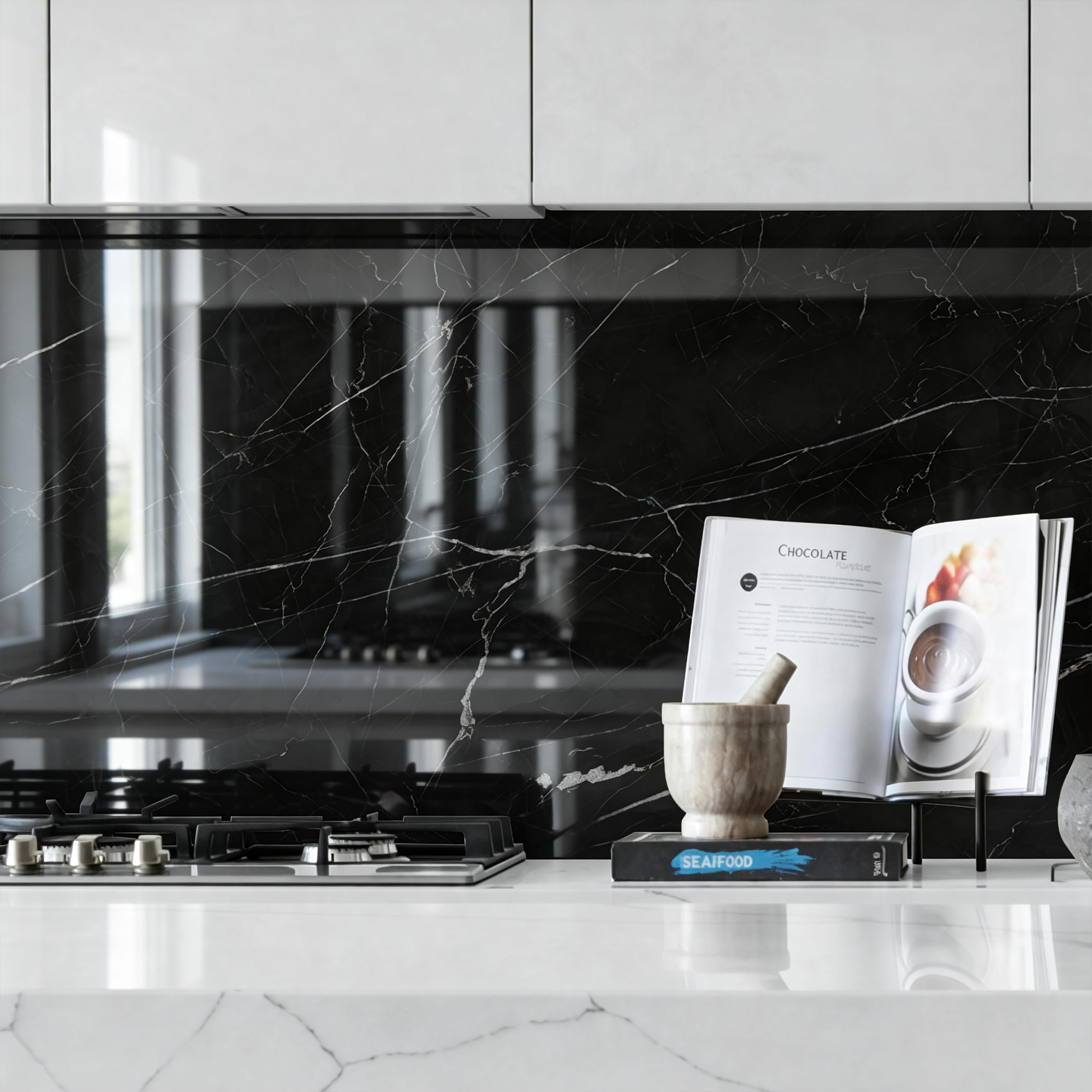 118" x 47" Black Marquina Glossy Peel and Stick Wall Paneling Roll