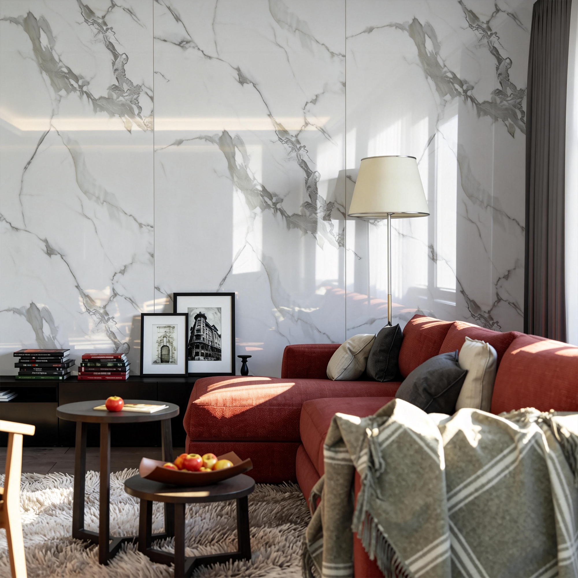 118" x 47" Carrara White Glossy Peel and Stick Wall Paneling Roll