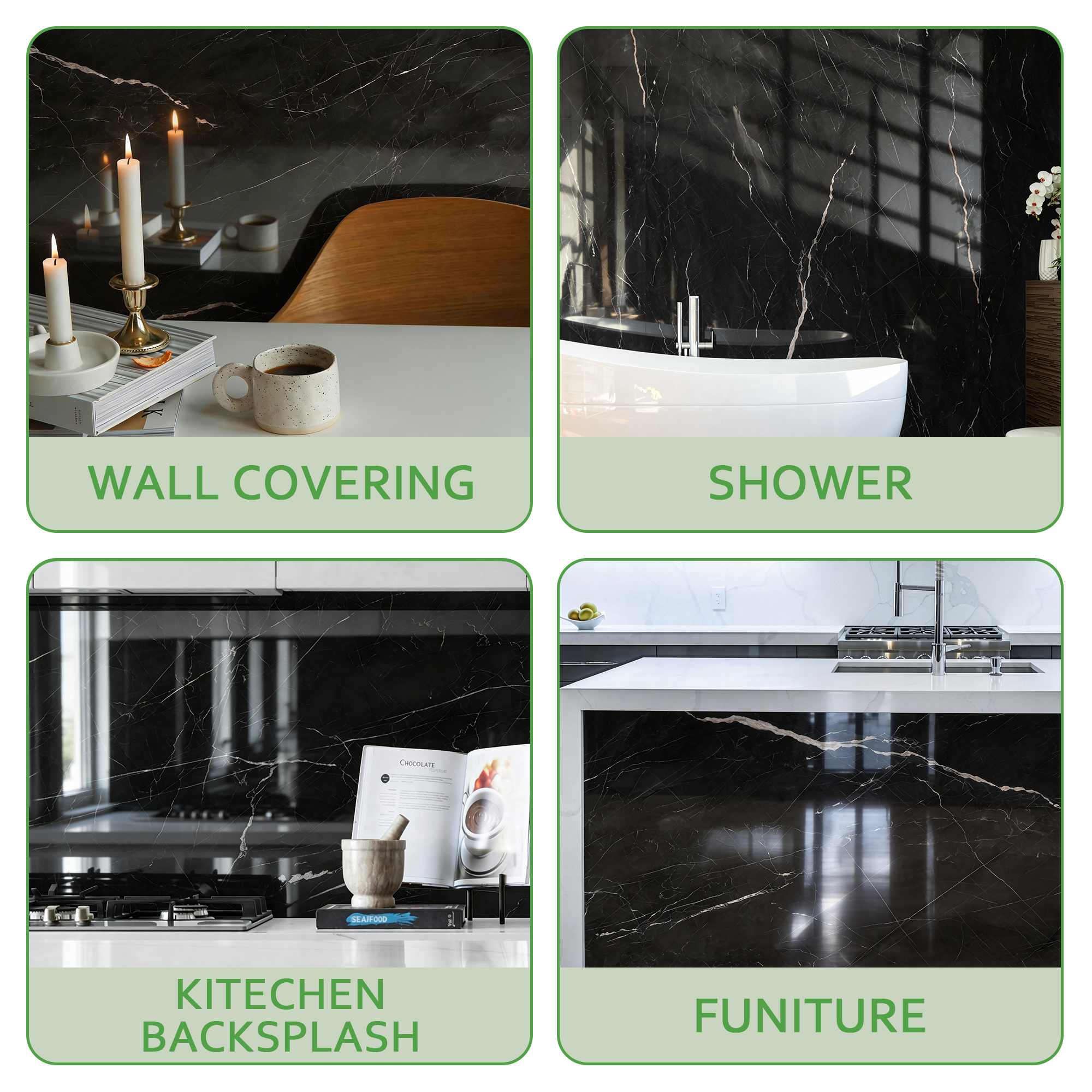 118" x 47" Black Marquina Glossy Peel and Stick Wall Paneling Roll