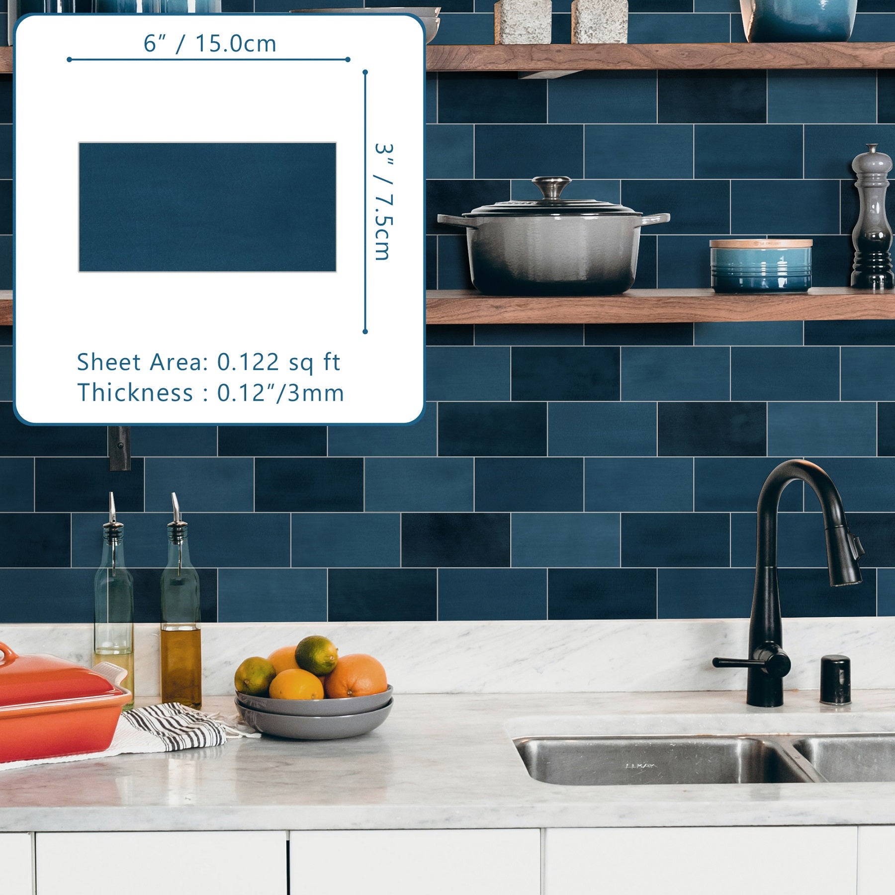 3x6" Blue Subway Peel and Stick Backsplash Tile