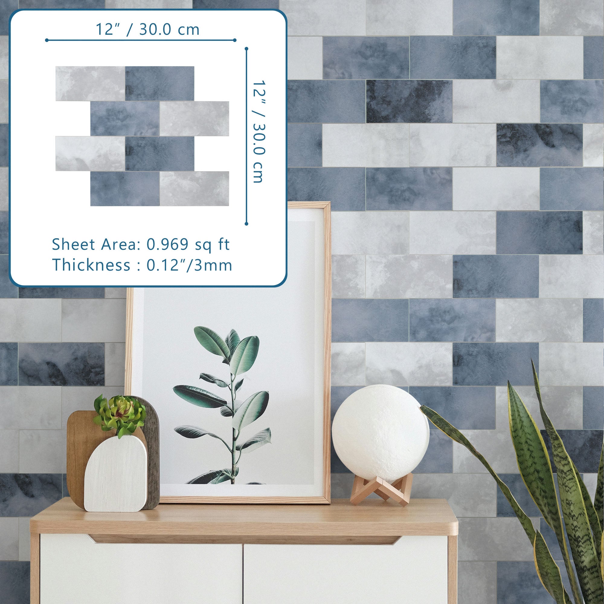 3x6" Blue Cement Peel and Stick Tile