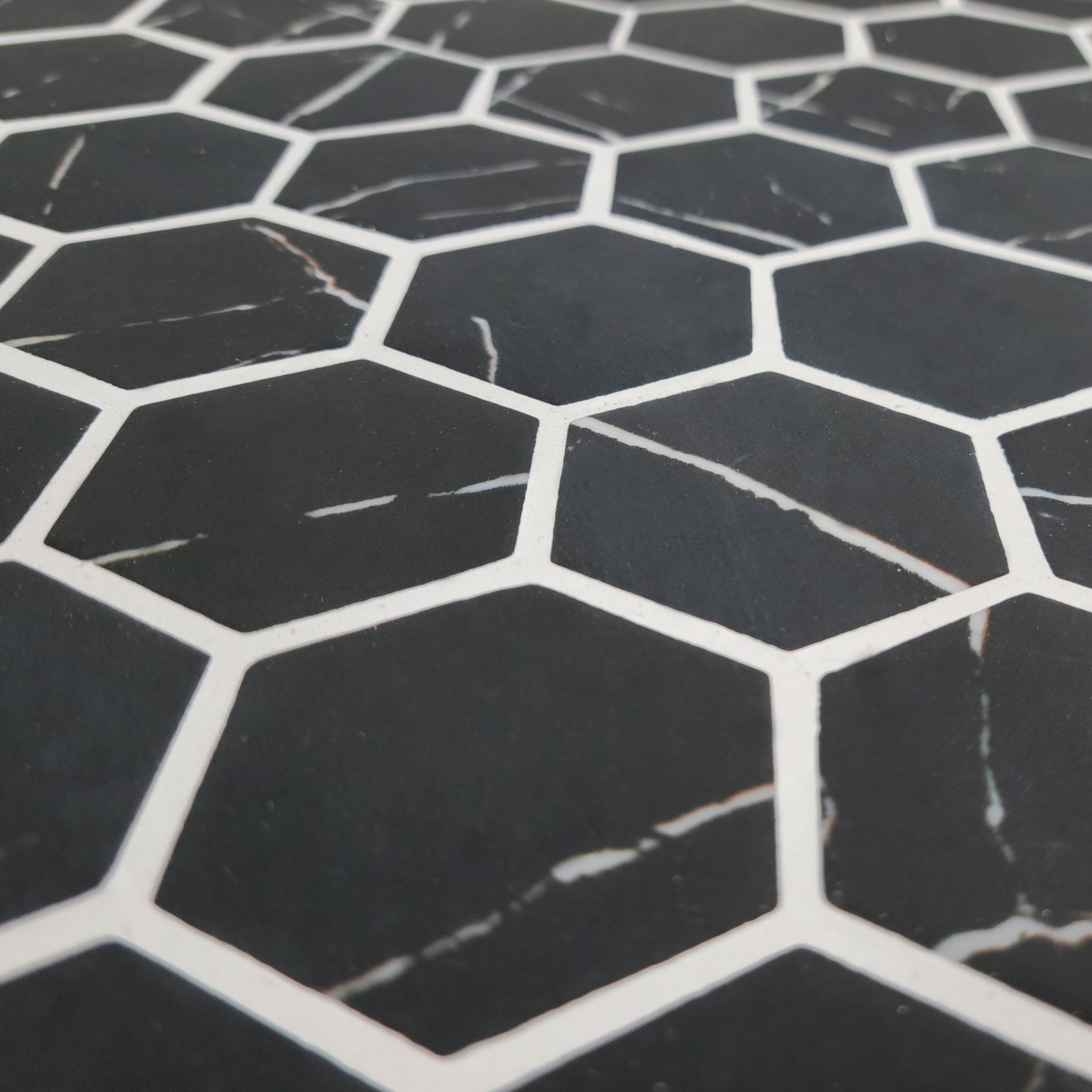 Black Marquina 11.7" x 10.2" Hexagon Recycled Glass Floor And Wall Mosaic Tile