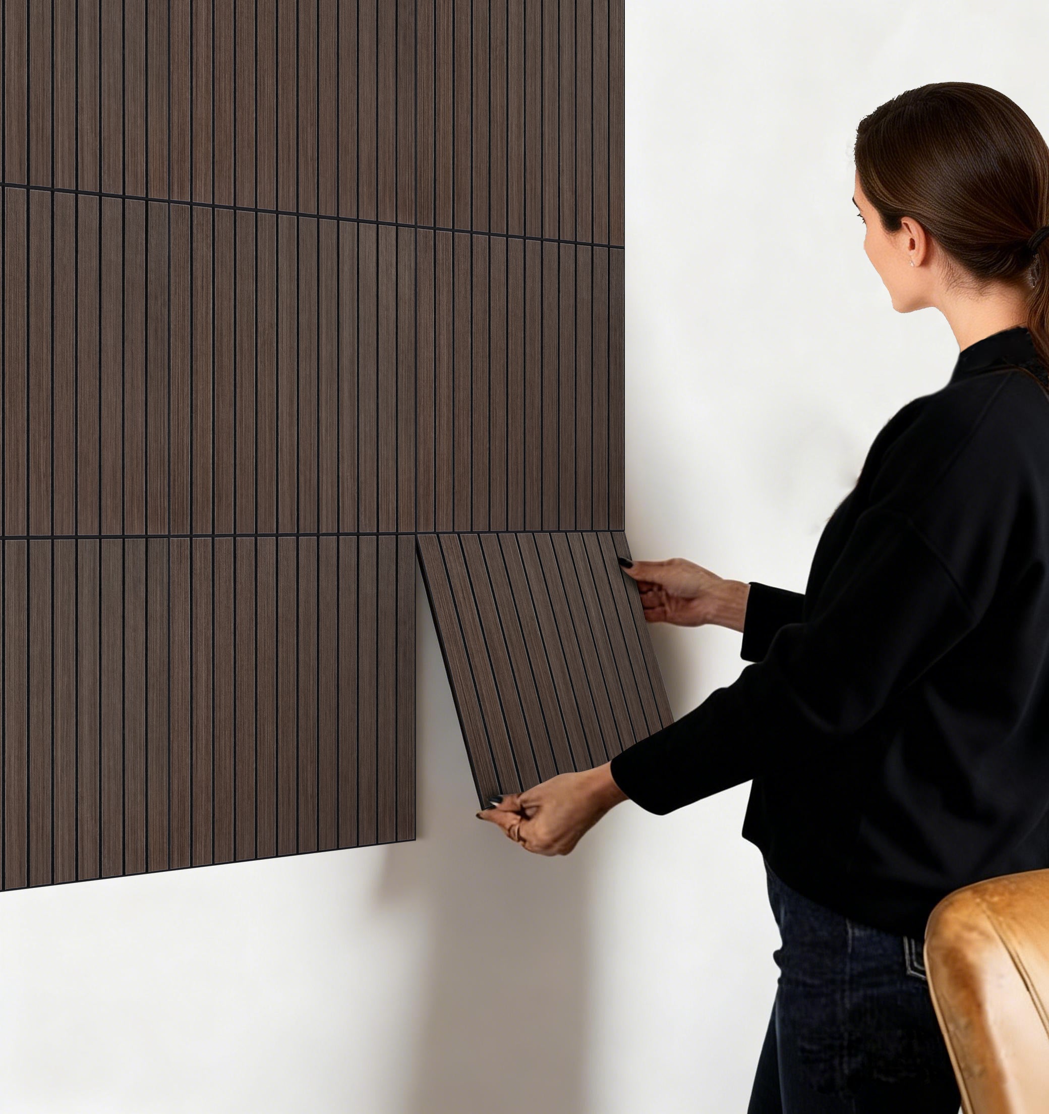 Walnut PET Peel and Stick Acoustic Wall Paneling