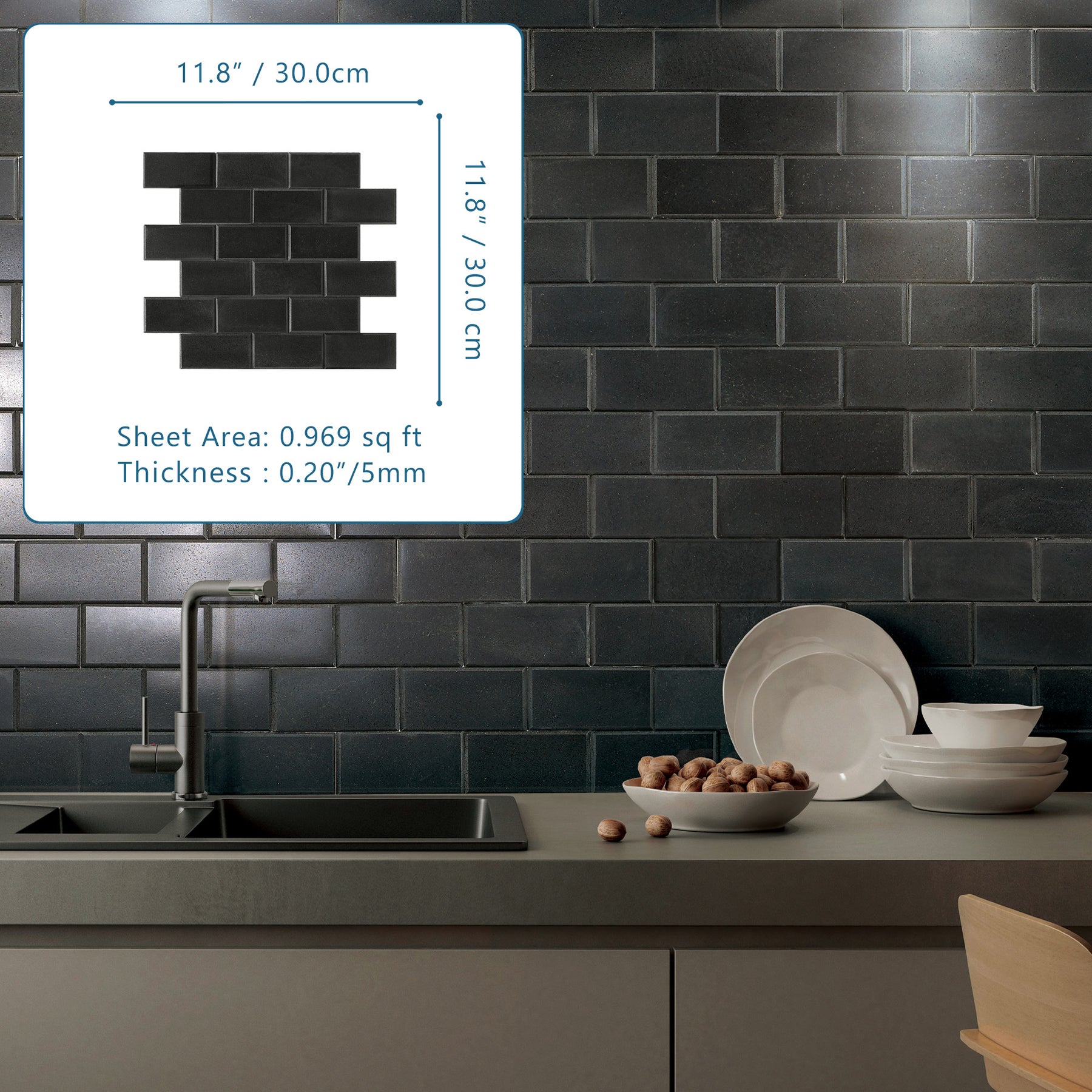 Subway Black Natural Marble Peel and Stick Backsplash Tile