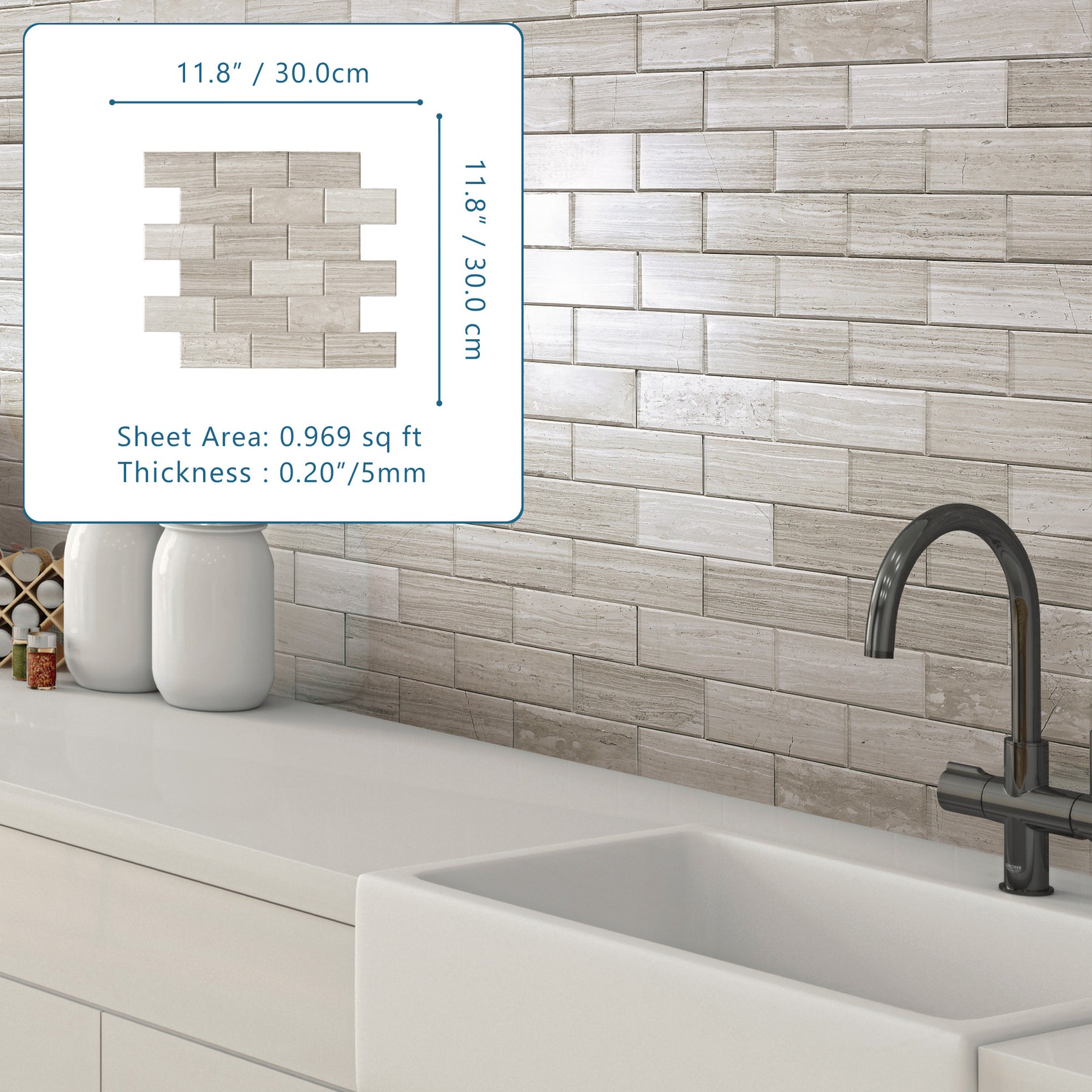 Subway Gray Wood Natural Marble Peel and Stick Backsplash Tile