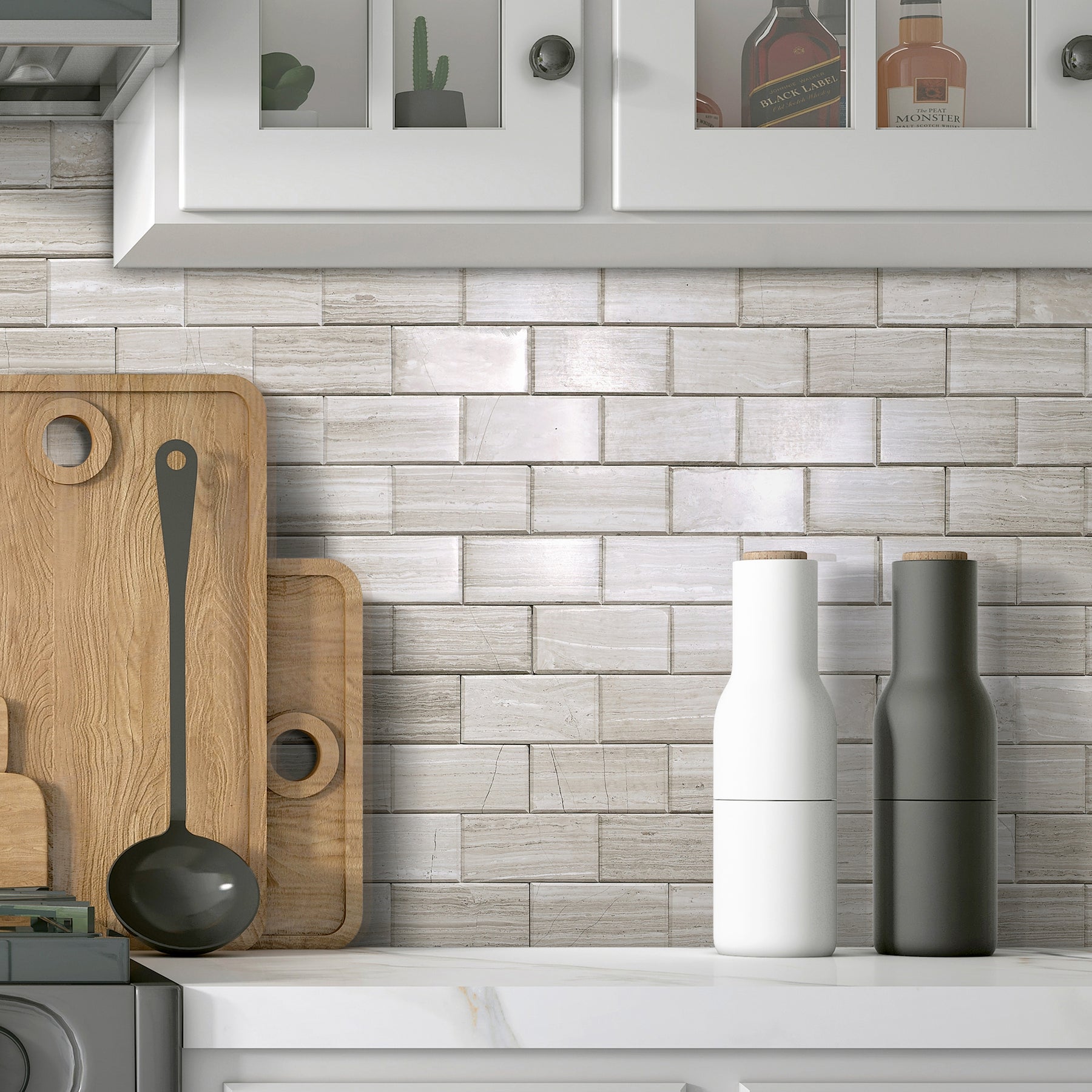Subway Gray Wood Natural Marble Peel and Stick Backsplash Tile