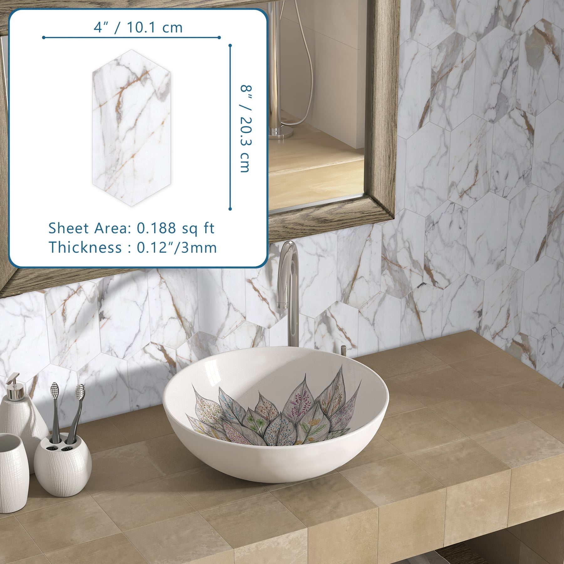 Calacatta Gold Long Hexagon Peel And Stick Backsplash Tile