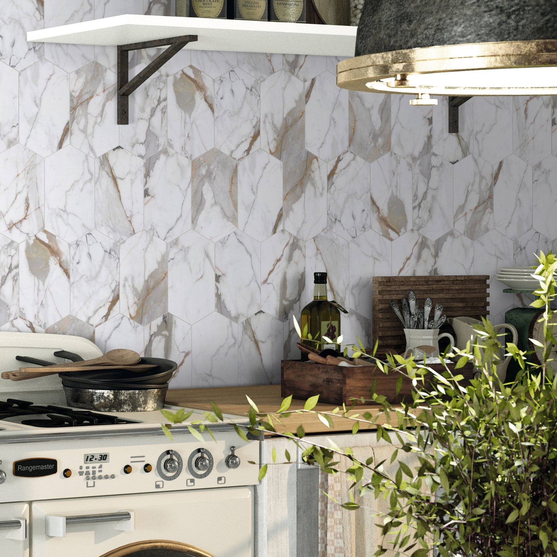Calacatta Gold Long Hexagon Peel And Stick Backsplash Tile