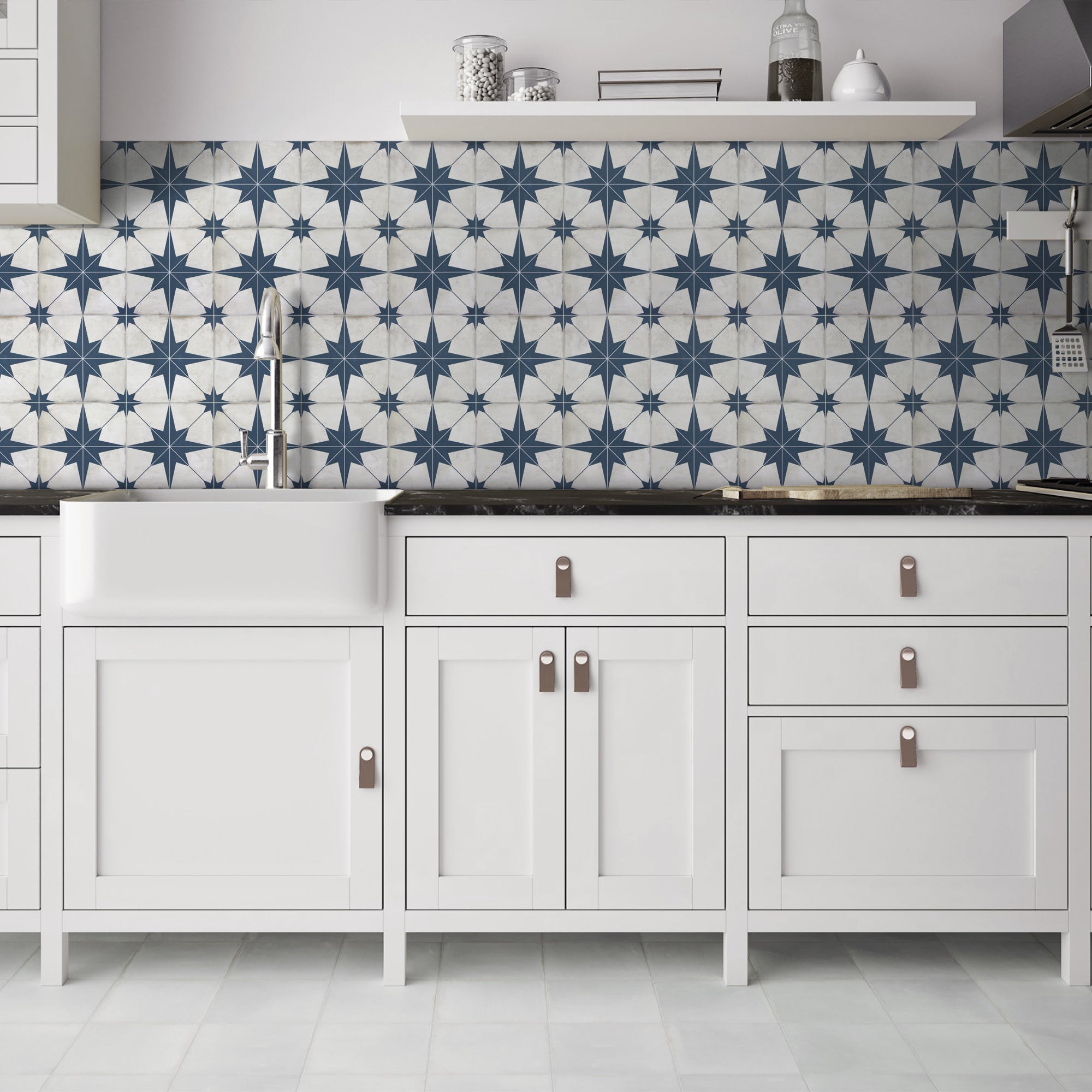 Encaustic Patterned Blue Star Peel and Stick Backsplash Tile
