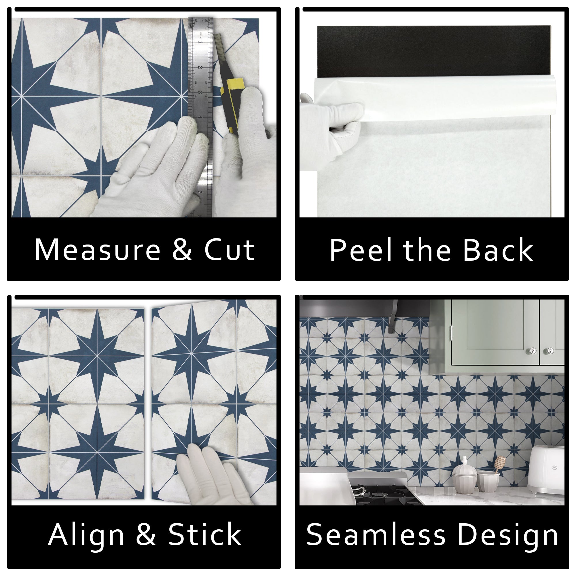 Encaustic Patterned Blue Star Peel and Stick Backsplash Tile