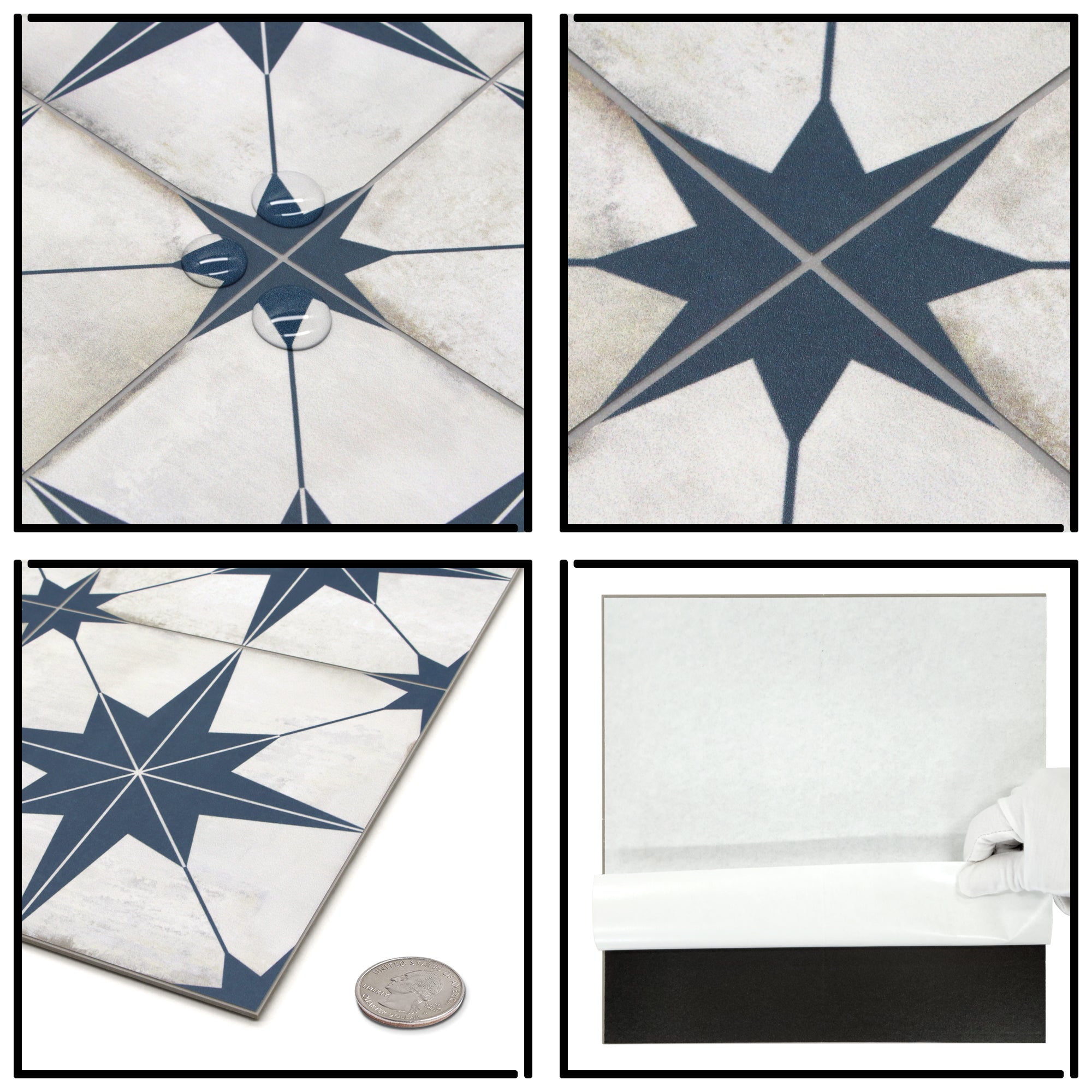 Encaustic Patterned Blue Star Peel and Stick Backsplash Tile