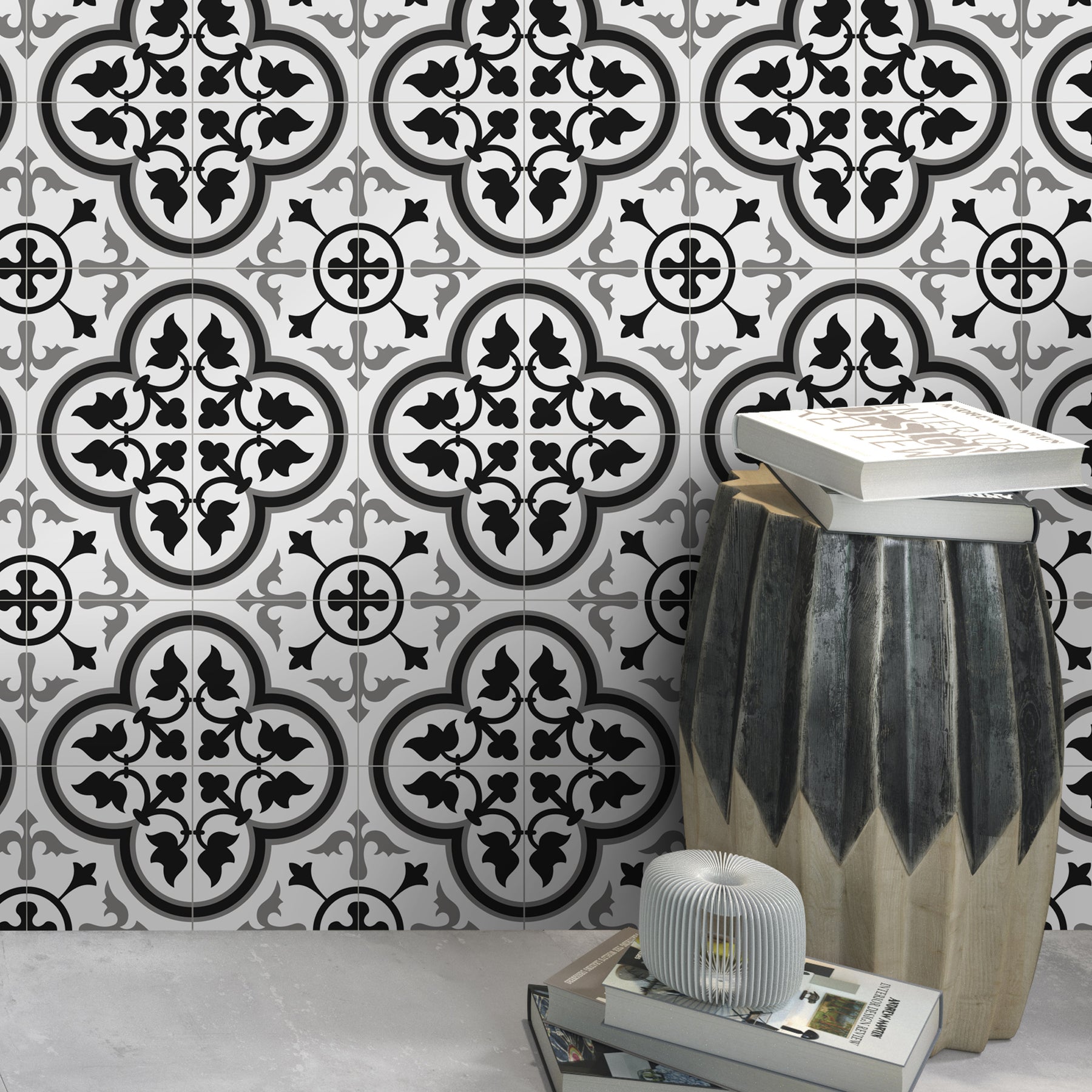 Encaustic Patterned White and Grey Peel and Stick Tile
