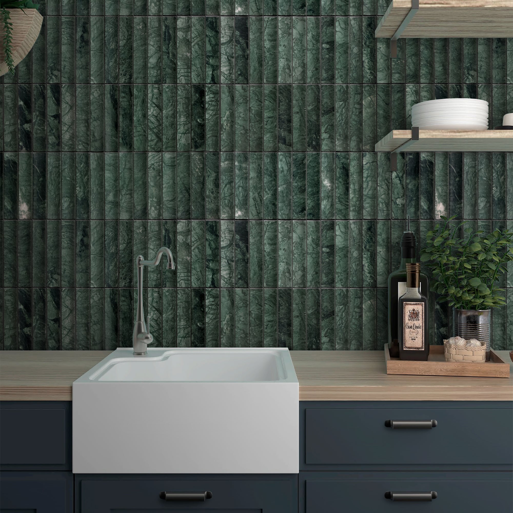 Stacked Indian Green Fluted Natural Marble Wall Mosaic Tile
