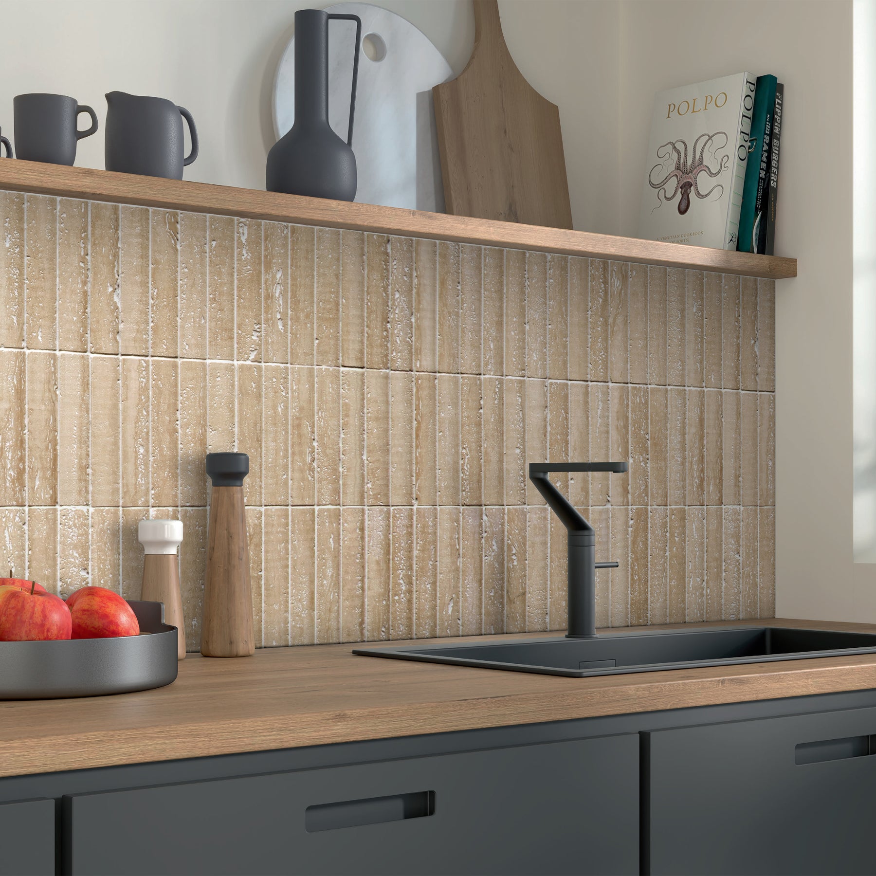 Stacked Travertino Flucted Natural Marble Wall Mosaic Tile