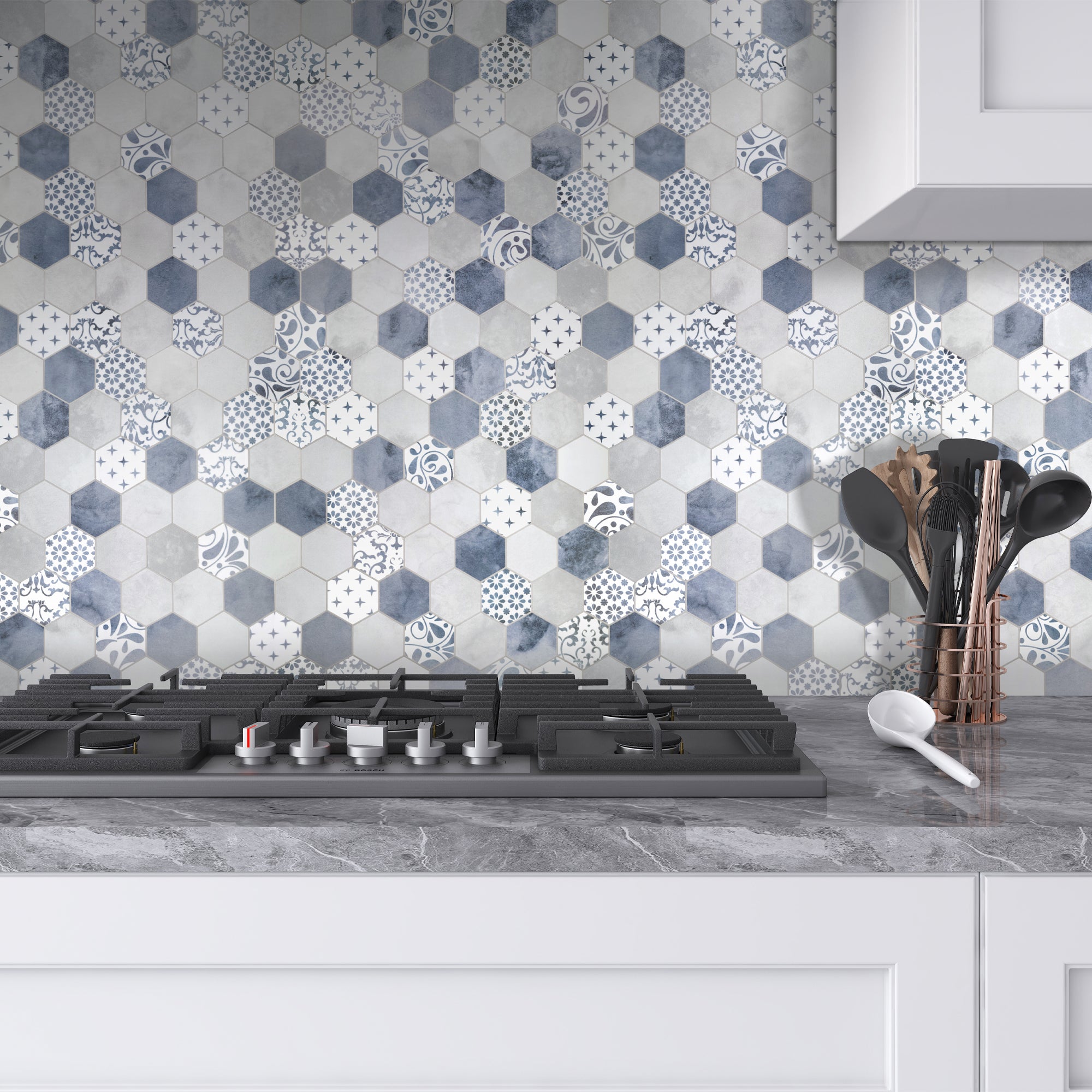 2" Hexagon Blue Peel and Stick Backsplash Tile