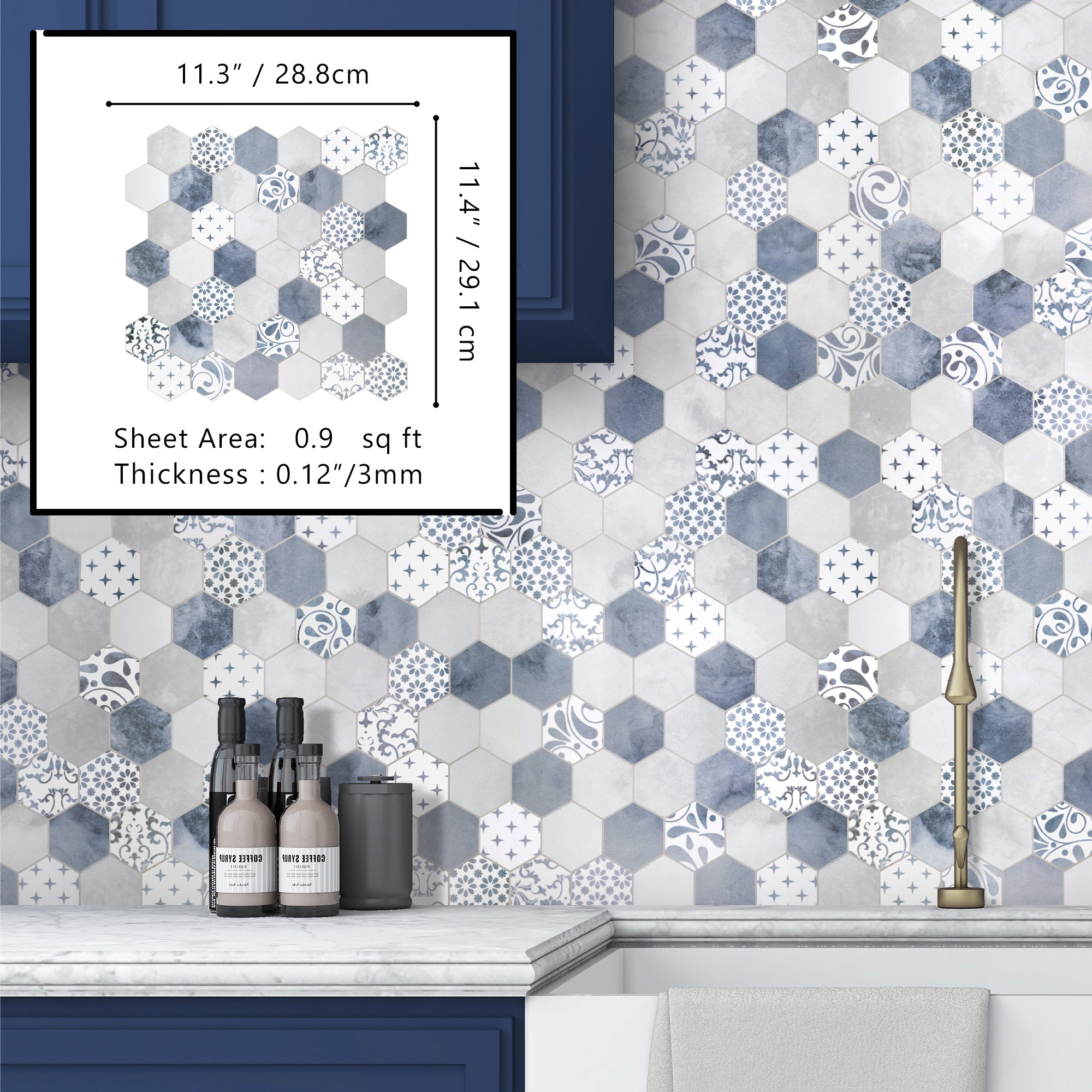 2" Hexagon Blue Peel and Stick Backsplash Tile
