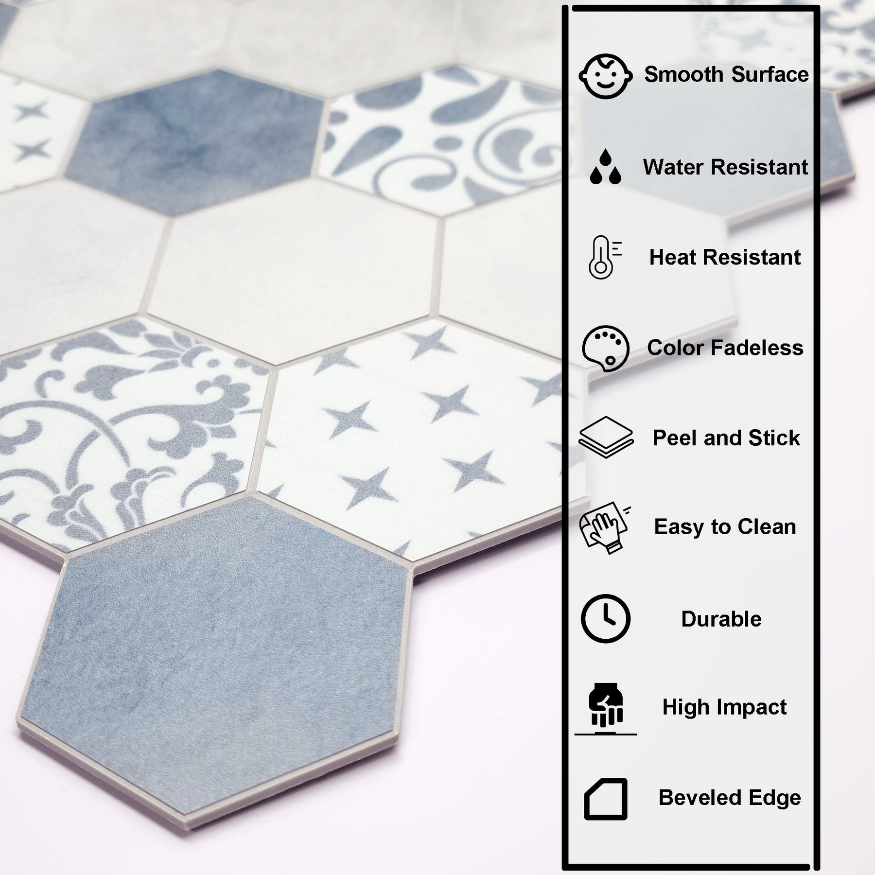 2'' Hexagon Blue Peel and Stick Backsplash Wall Tile