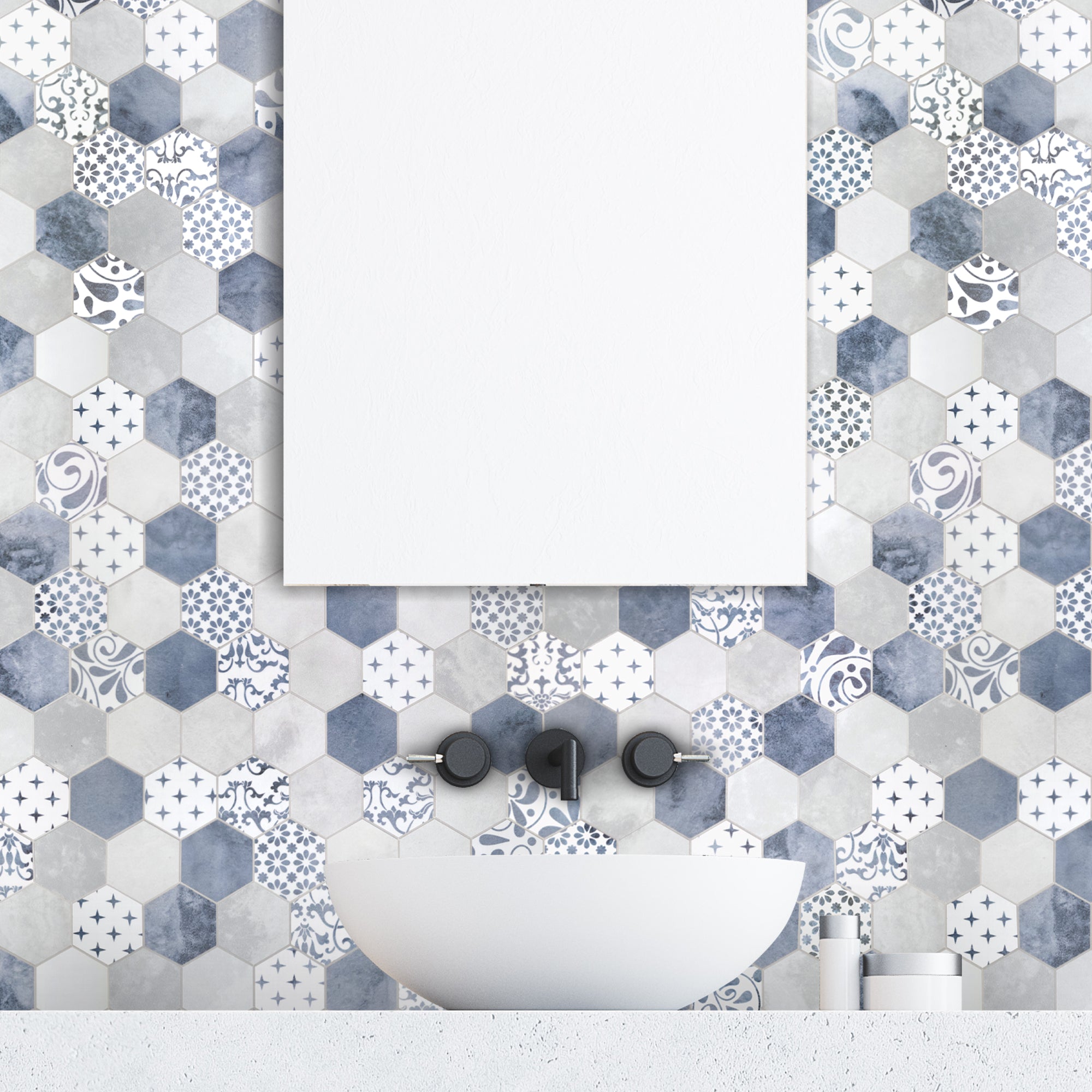 2" Hexagon Blue Peel and Stick Backsplash Tile