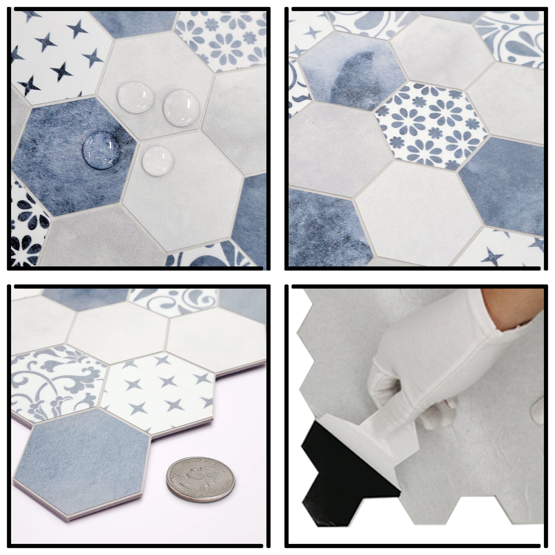 2'' Hexagon Blue Peel and Stick Backsplash Wall Tile