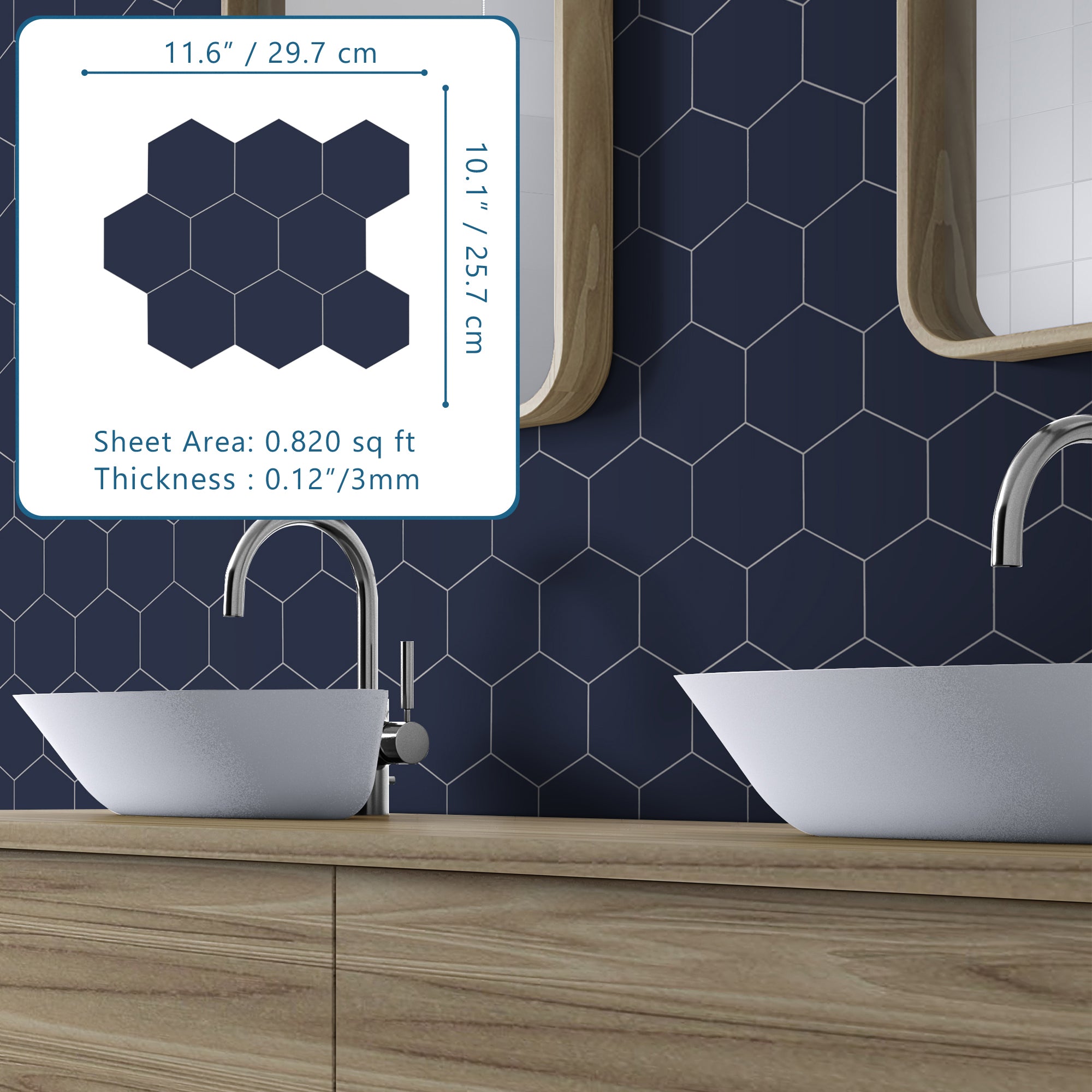 Big Hexagon Navy Blue Peel and Stick Backsplash Tile