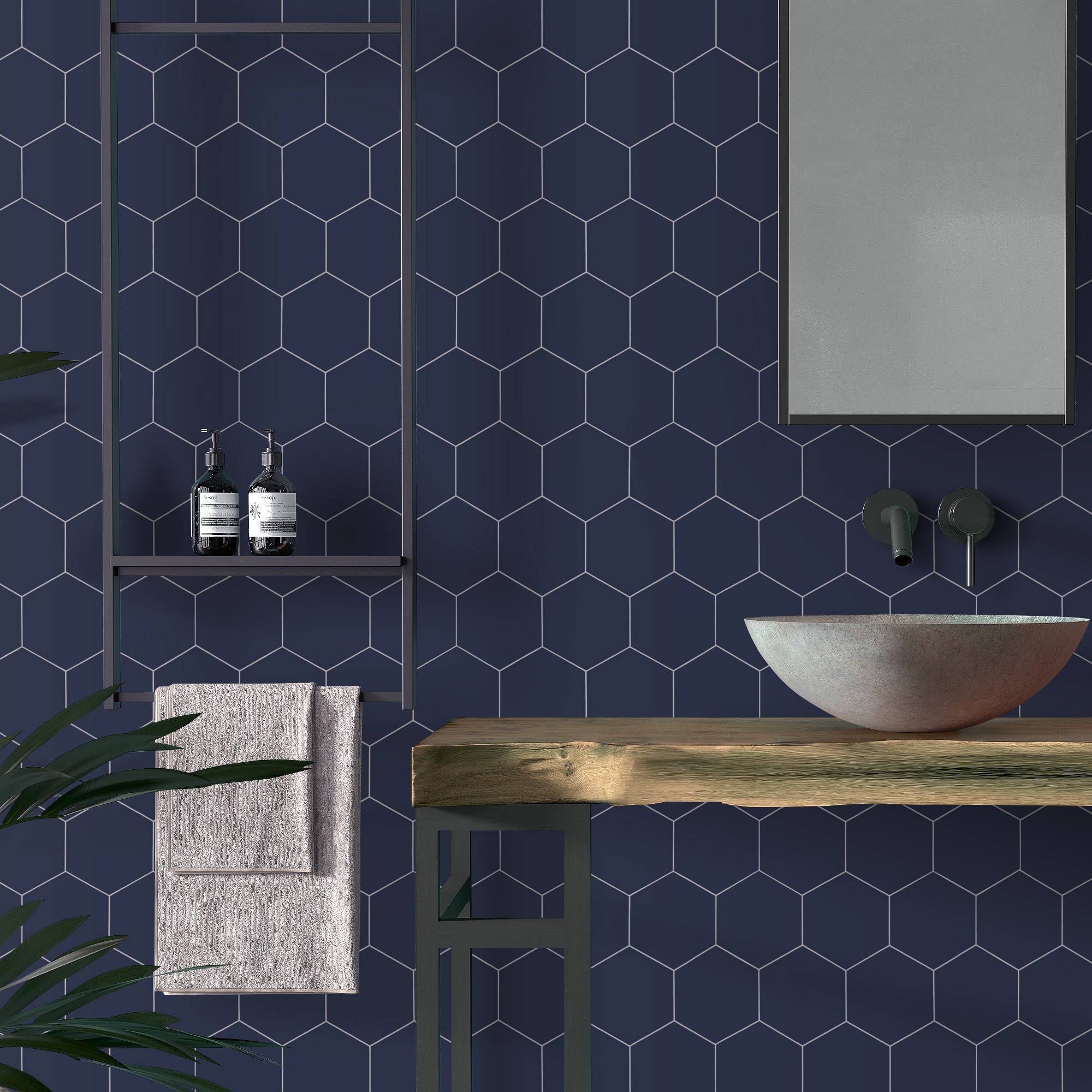 Big Hexagon Navy Blue Peel and Stick Backsplash Tile