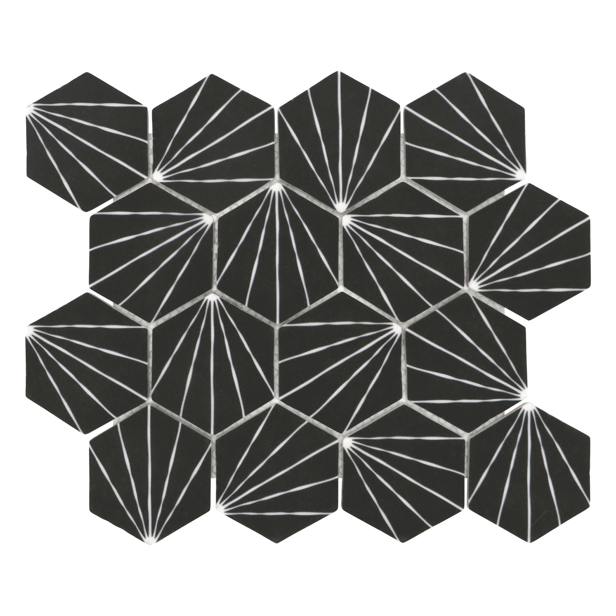 Art Deco Hexagon Black Recycled Glass Floor and Wall Mosaic Tile
