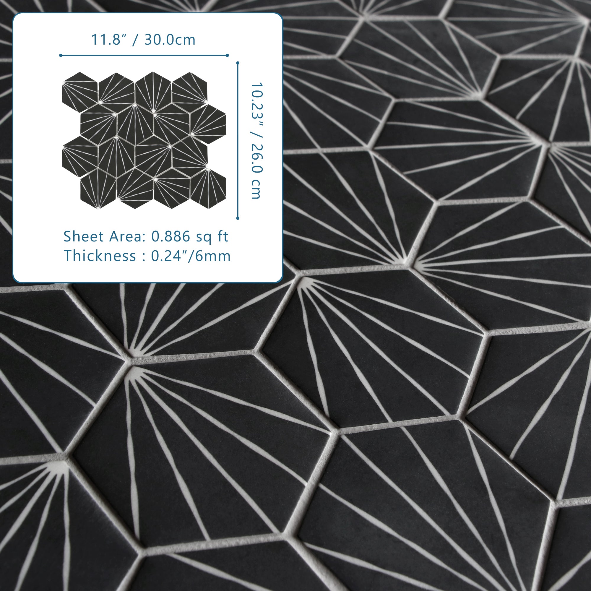 Art Deco Hexagon Black Recycled Glass Floor and Wall Mosaic Tile