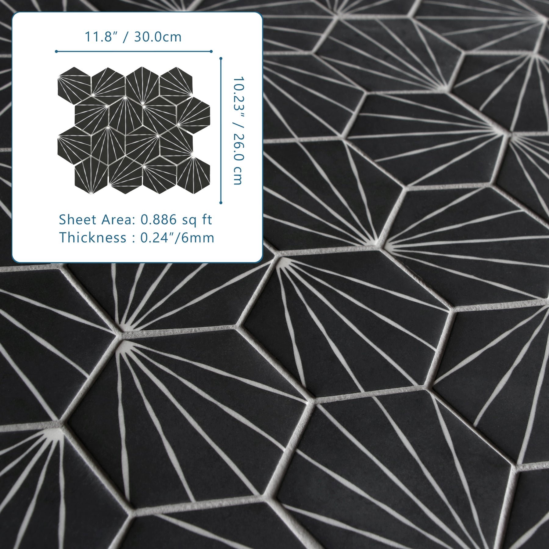 Art Deco Hexagon Black Recycled Glass Floor And Wall Mosaic Tile