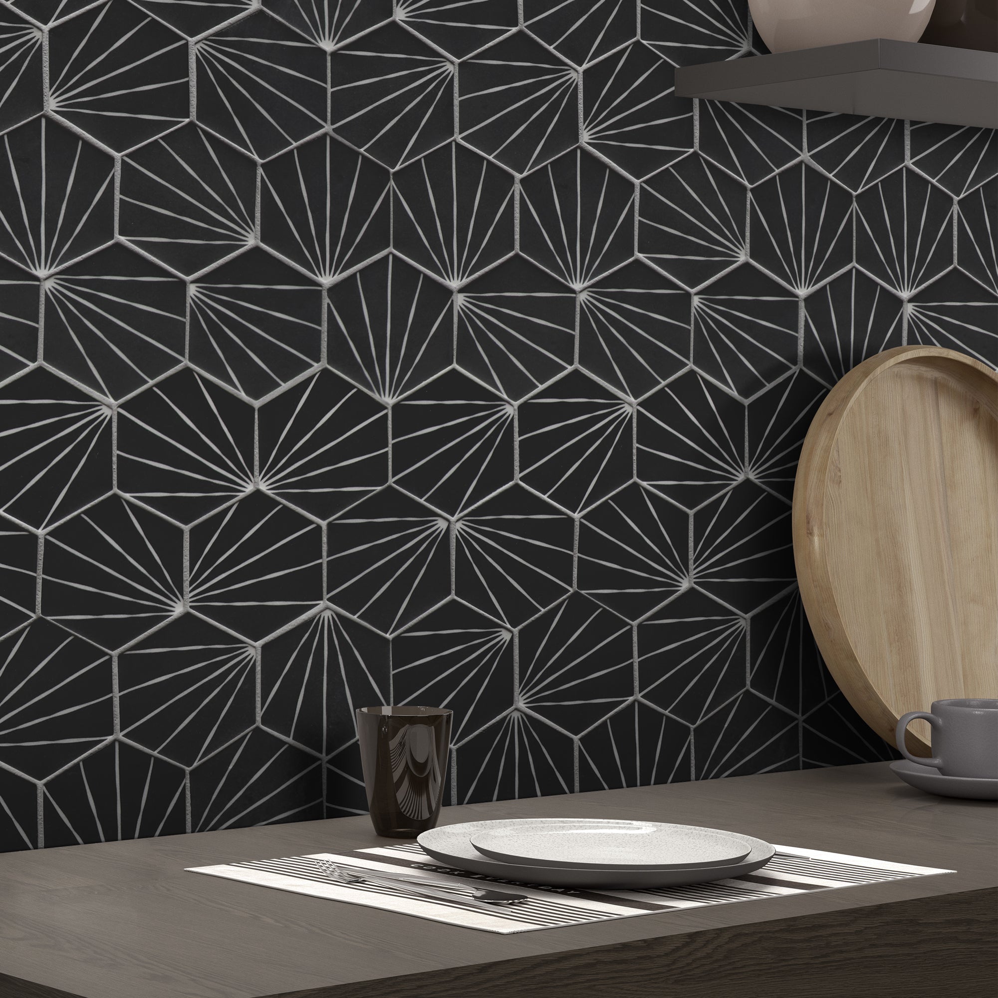 Art Deco Hexagon Black Recycled Glass Floor and Wall Mosaic Tile