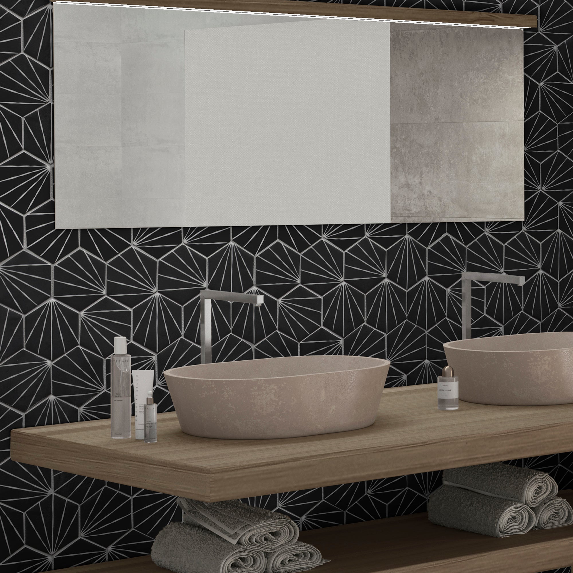 Art Deco Hexagon Black Recycled Glass Floor and Wall Mosaic Tile