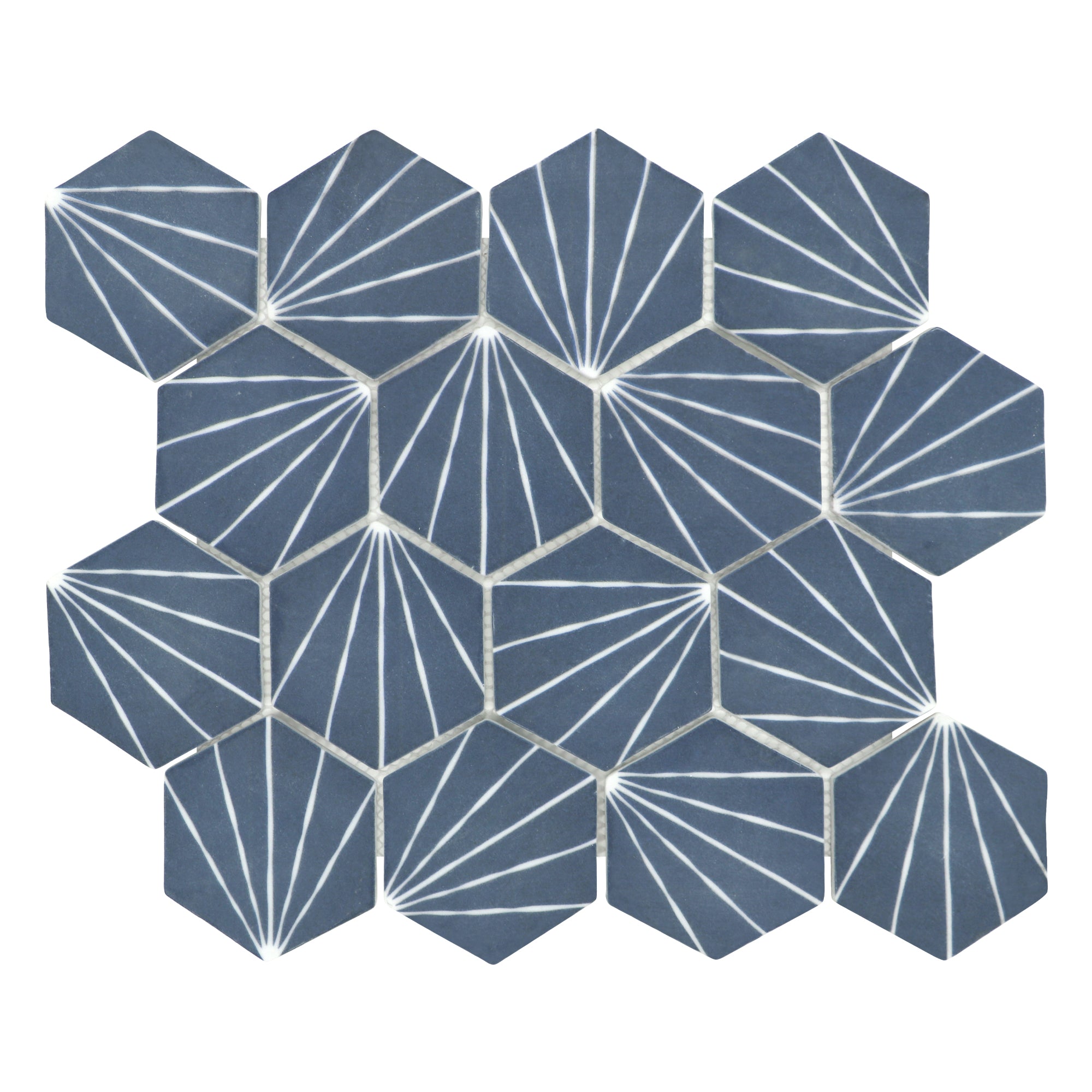 Art Deco Hexagon Navy Blue Recycled Glass Floor and Wall Mosaic Tile