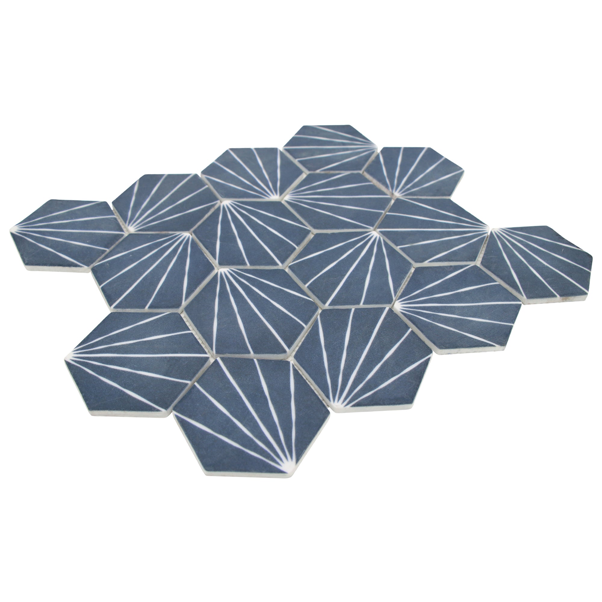 Art Deco Hexagon Navy Blue Recycled Glass Floor and Wall Mosaic Tile