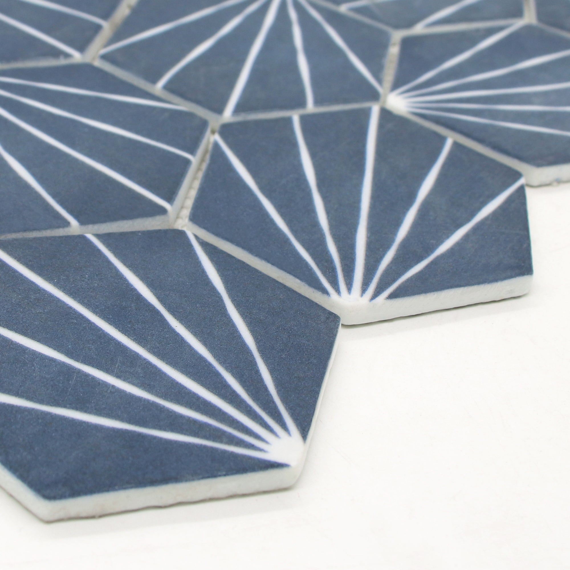 Art Deco Hexagon Navy Blue Recycled Glass Floor and Wall Mosaic Tile