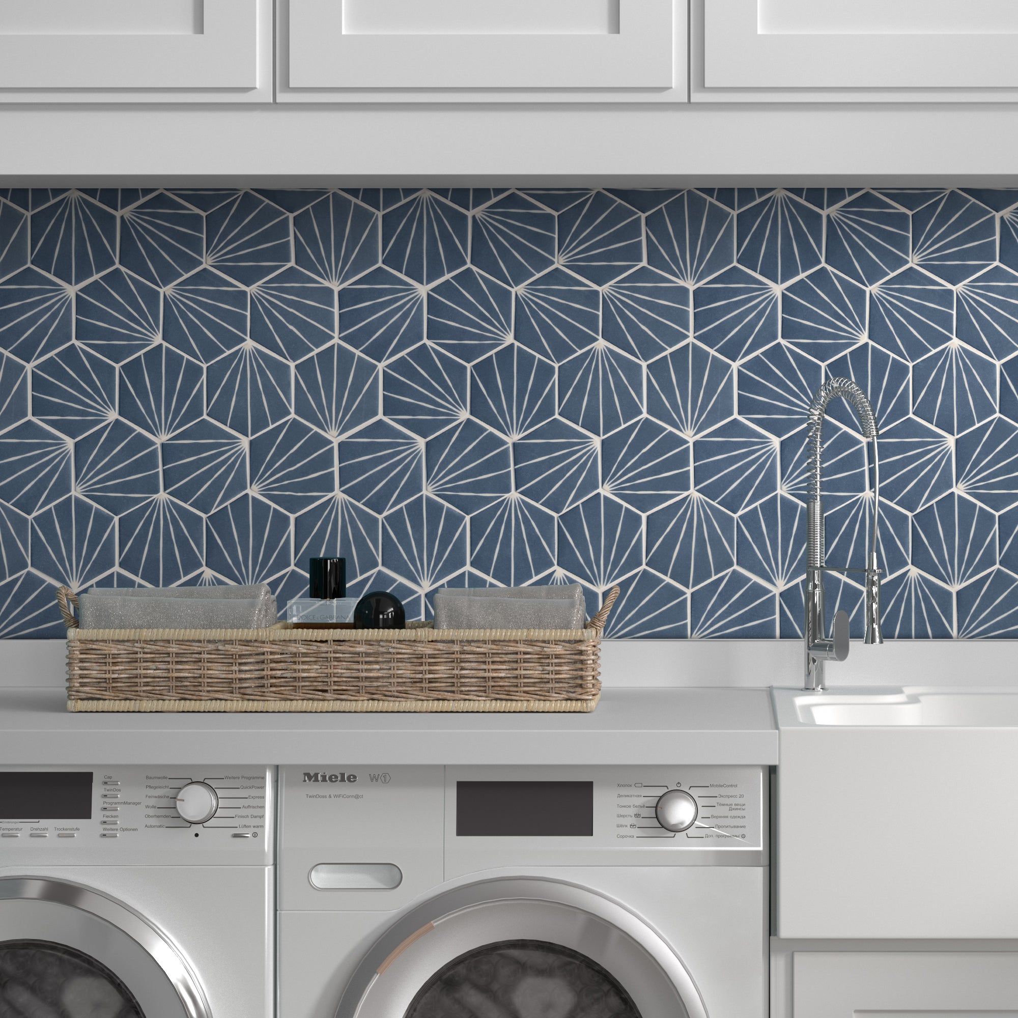 Art Deco Hexagon Navy Blue Recycled Glass Floor and Wall Mosaic Tile
